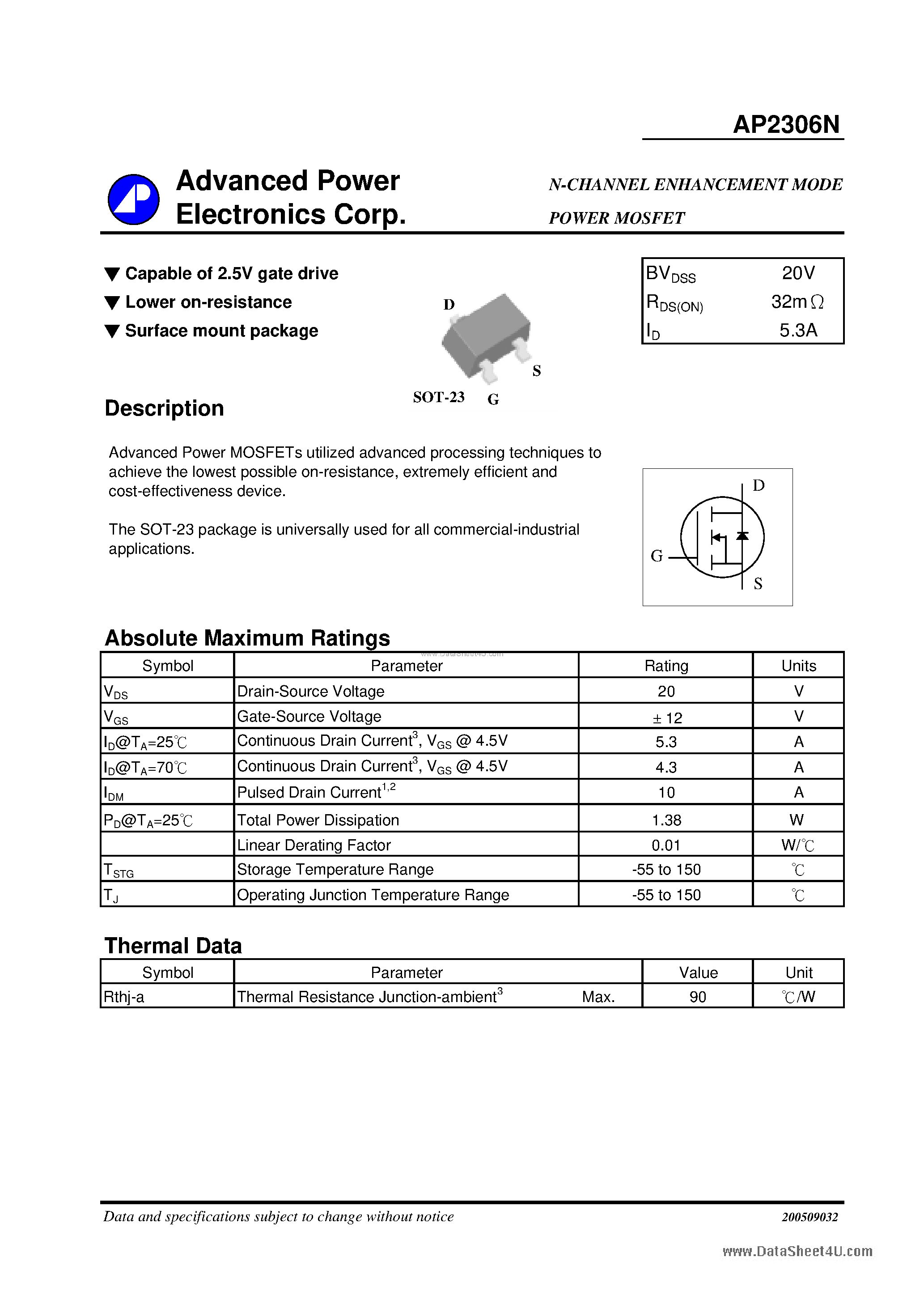 Datasheet AP2306N - N-CHANNEL ENHANCEMENT MODE POWER MOSFET page 1