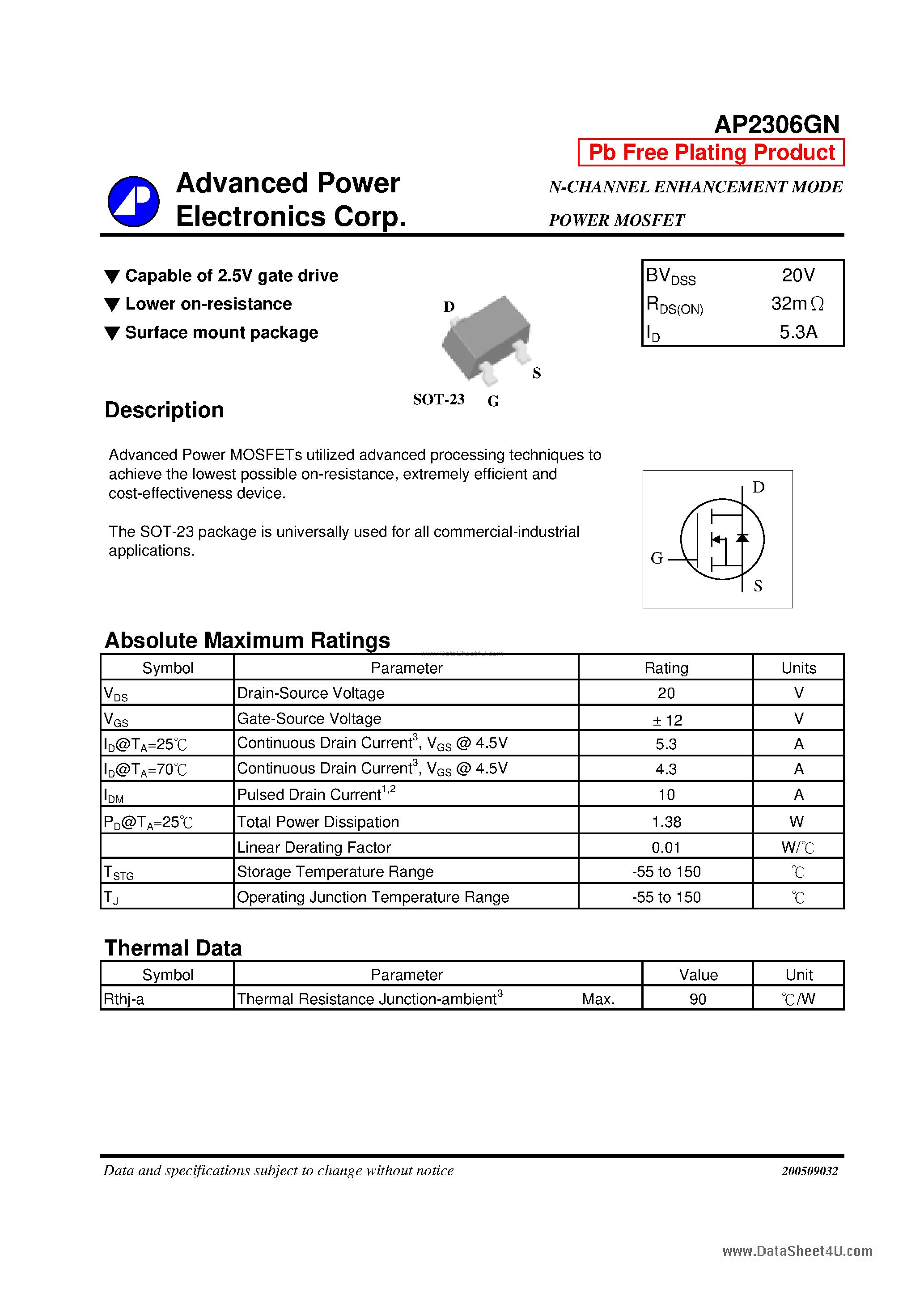 Datasheet AP2306GN - N-CHANNEL ENHANCEMENT MODE POWER MOSFET page 1