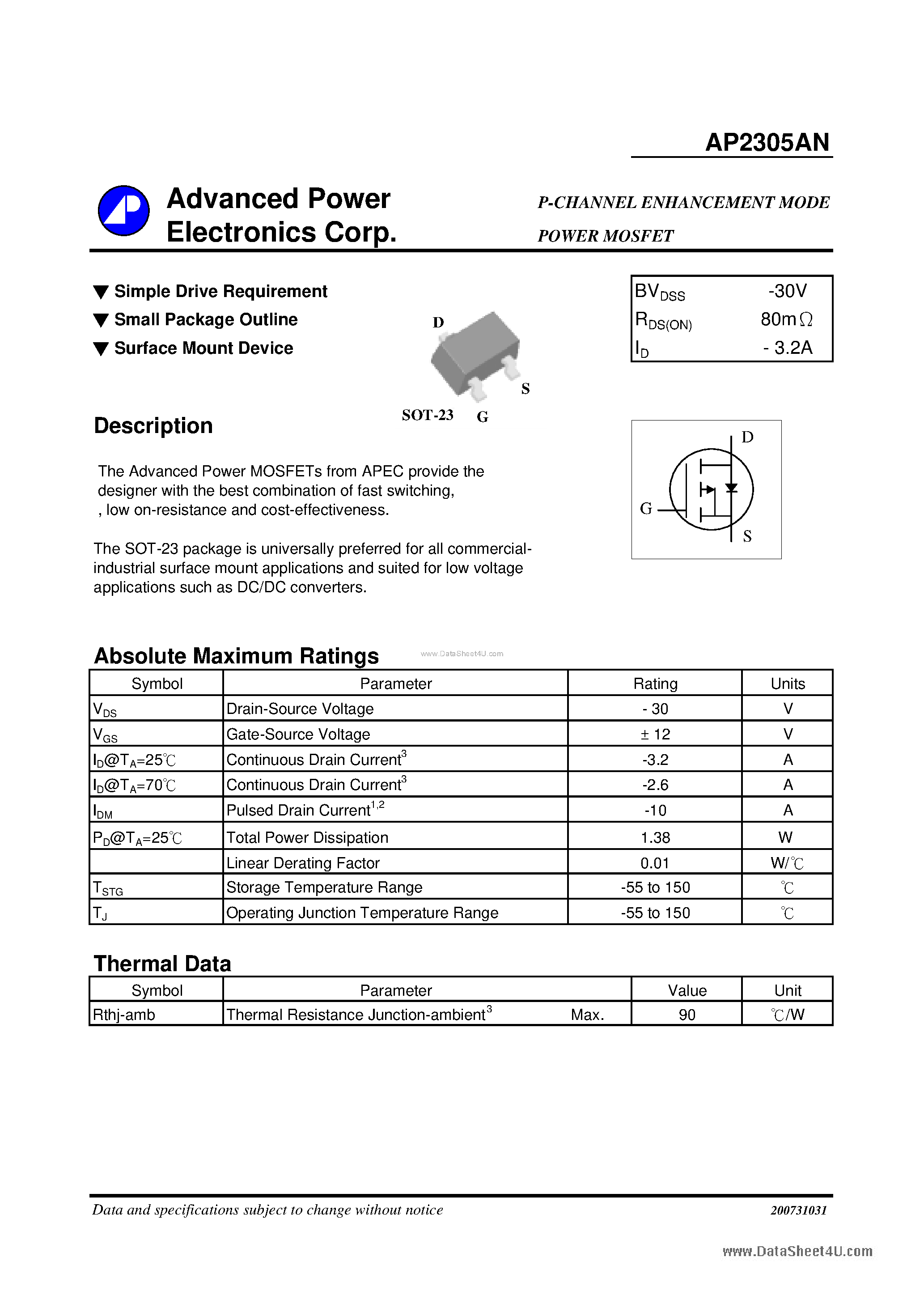 Даташит AP2305AN - P-CHANNEL ENHANCEMENT MODE POWER MOSFET страница 1
