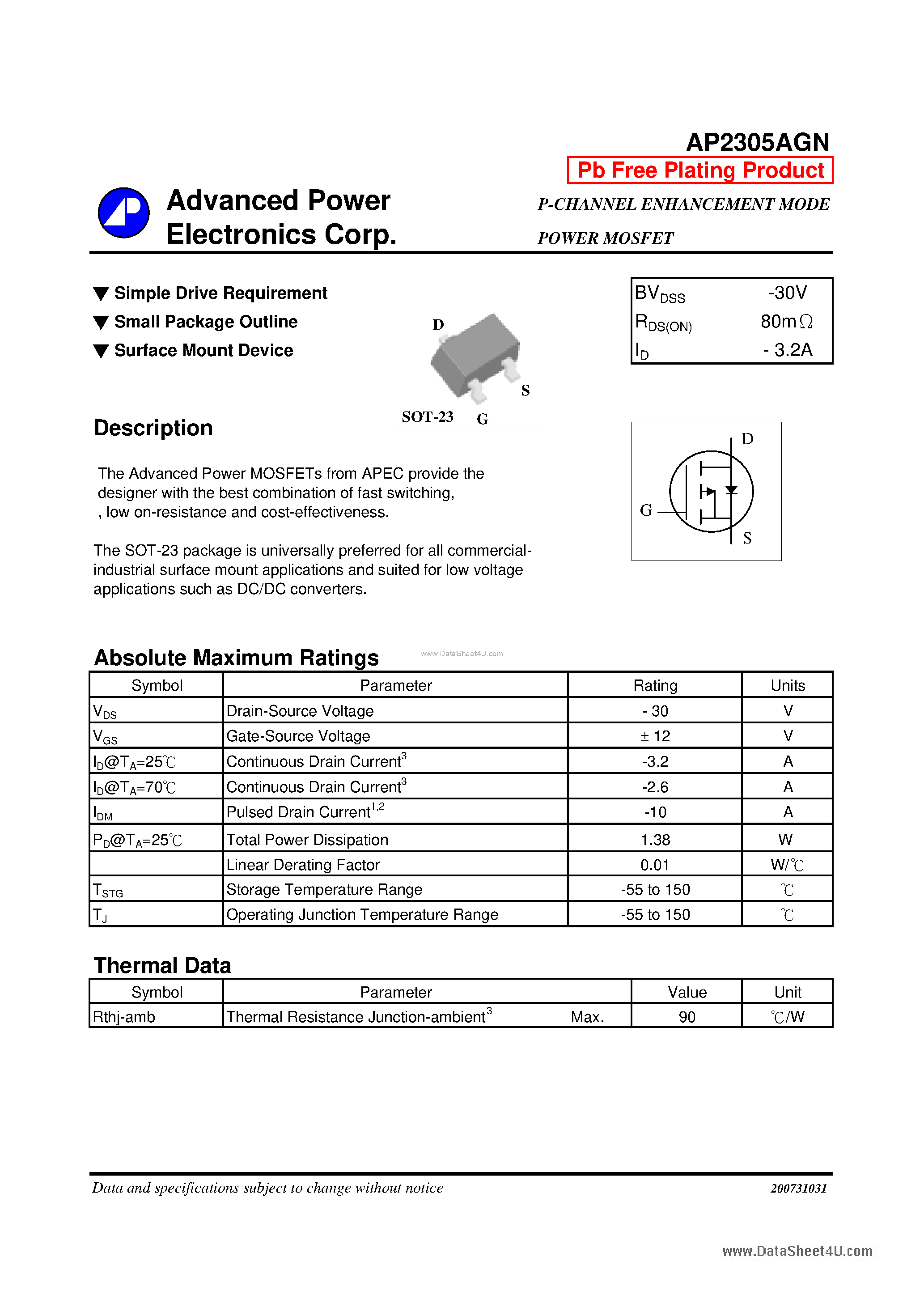 Даташит AP2305AGN - P-CHANNEL ENHANCEMENT MODE POWER MOSFET страница 1