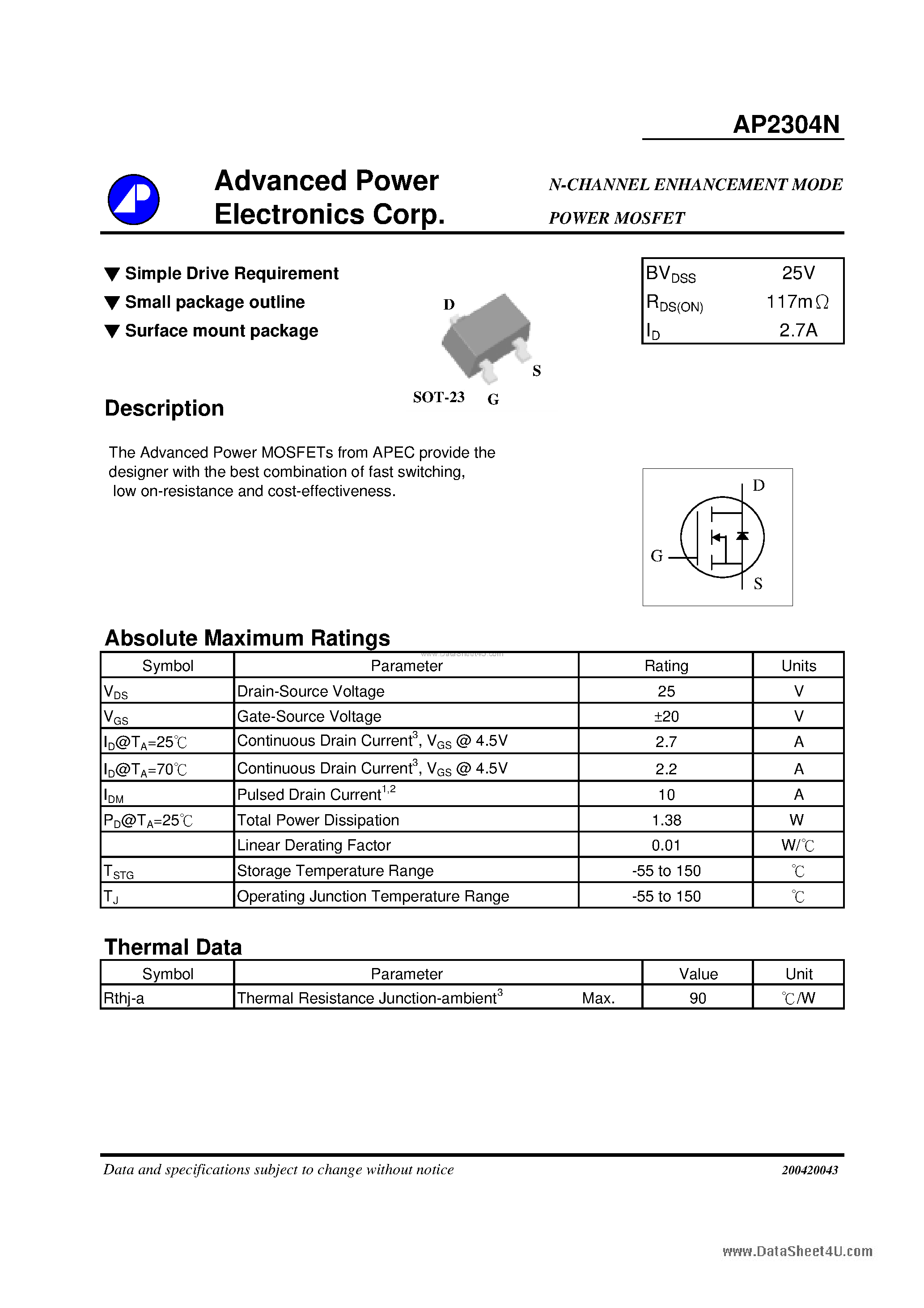 Datasheet AP2304N - N-CHANNEL ENHANCEMENT MODE page 1