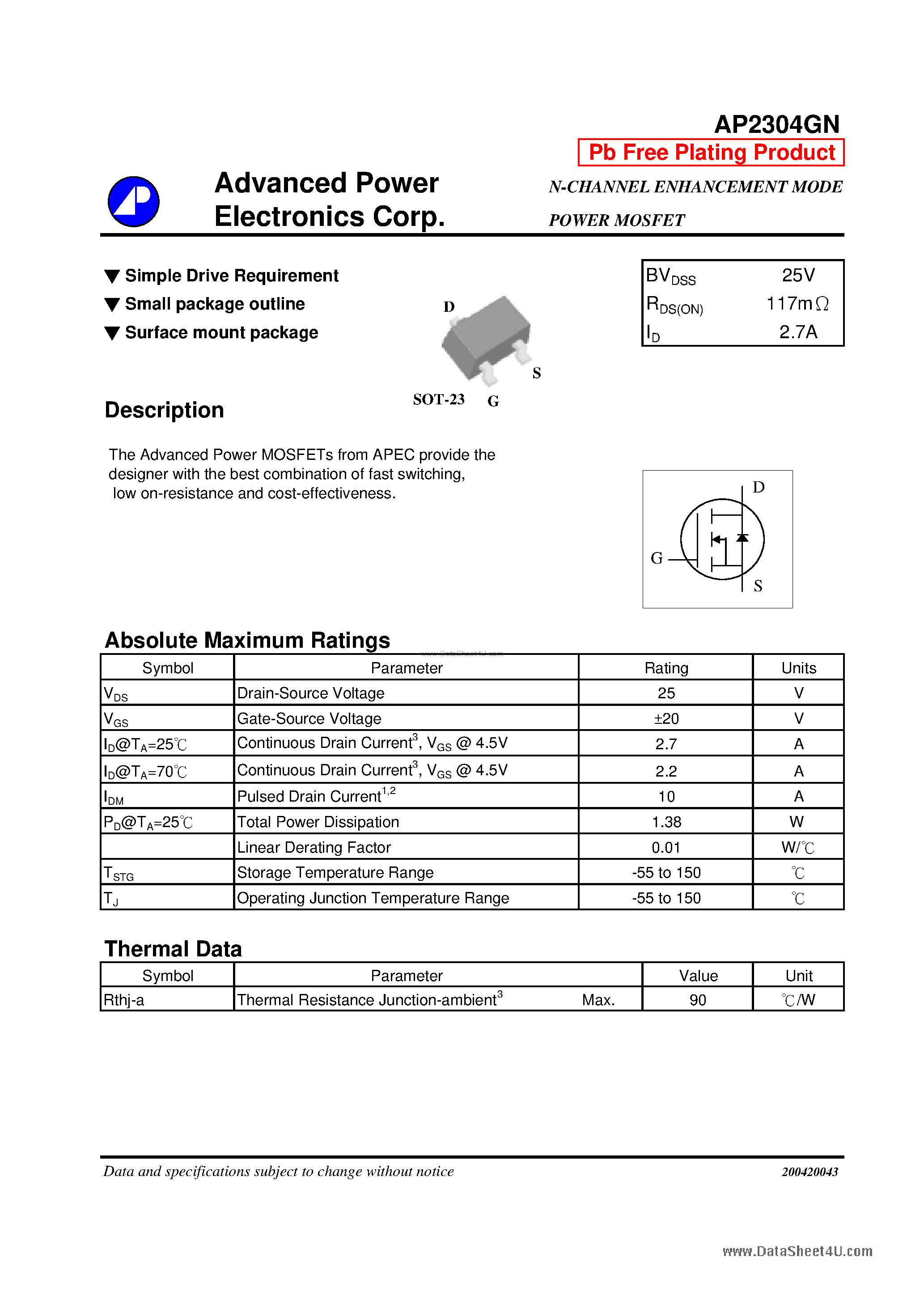 Datasheet AP2304GN - N-CHANNEL ENHANCEMENT MODE POWER MOSFET page 1
