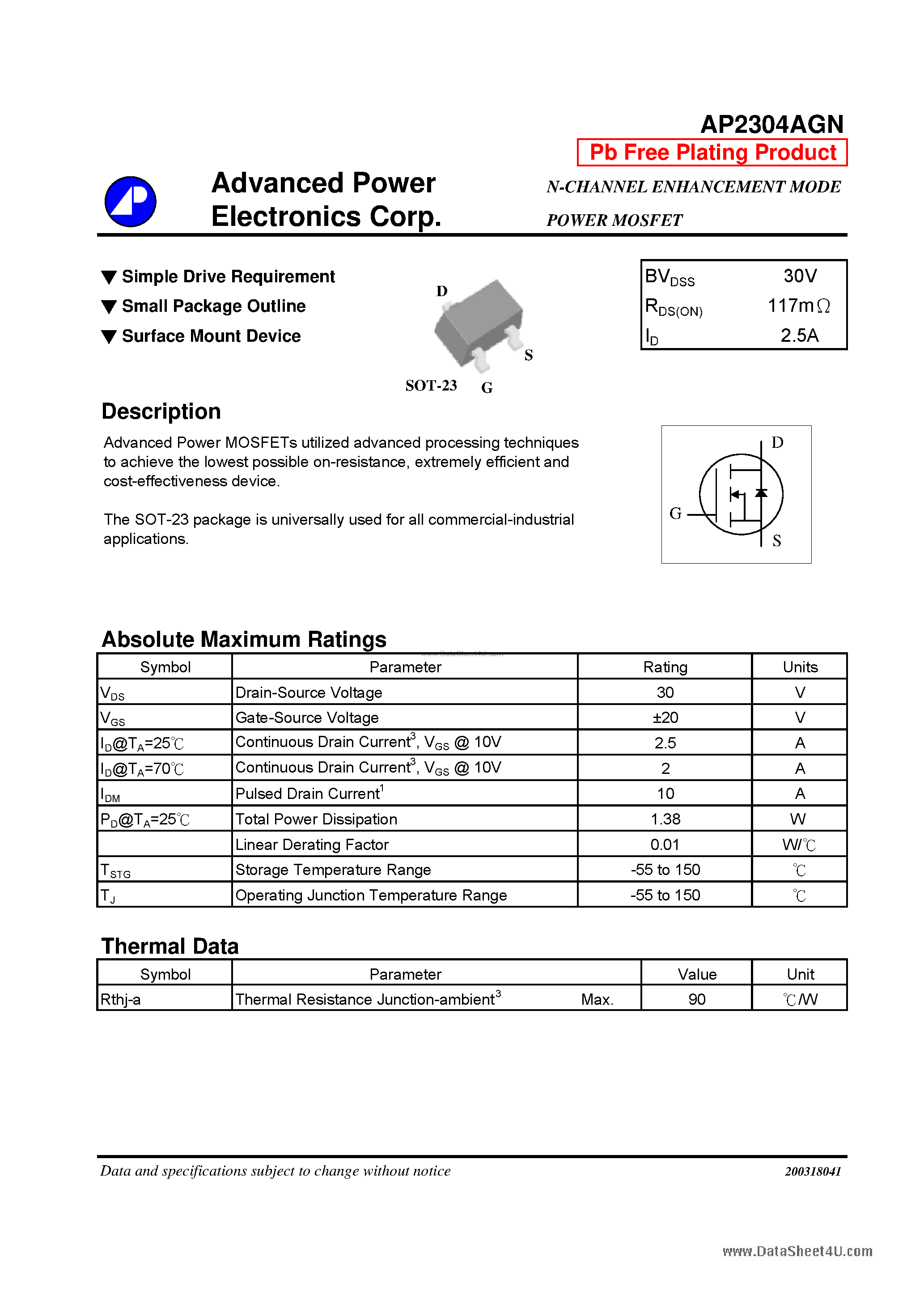 Datasheet AP2304AGN - N-CHANNEL ENHANCEMENT MODE POWER MOSFET page 1
