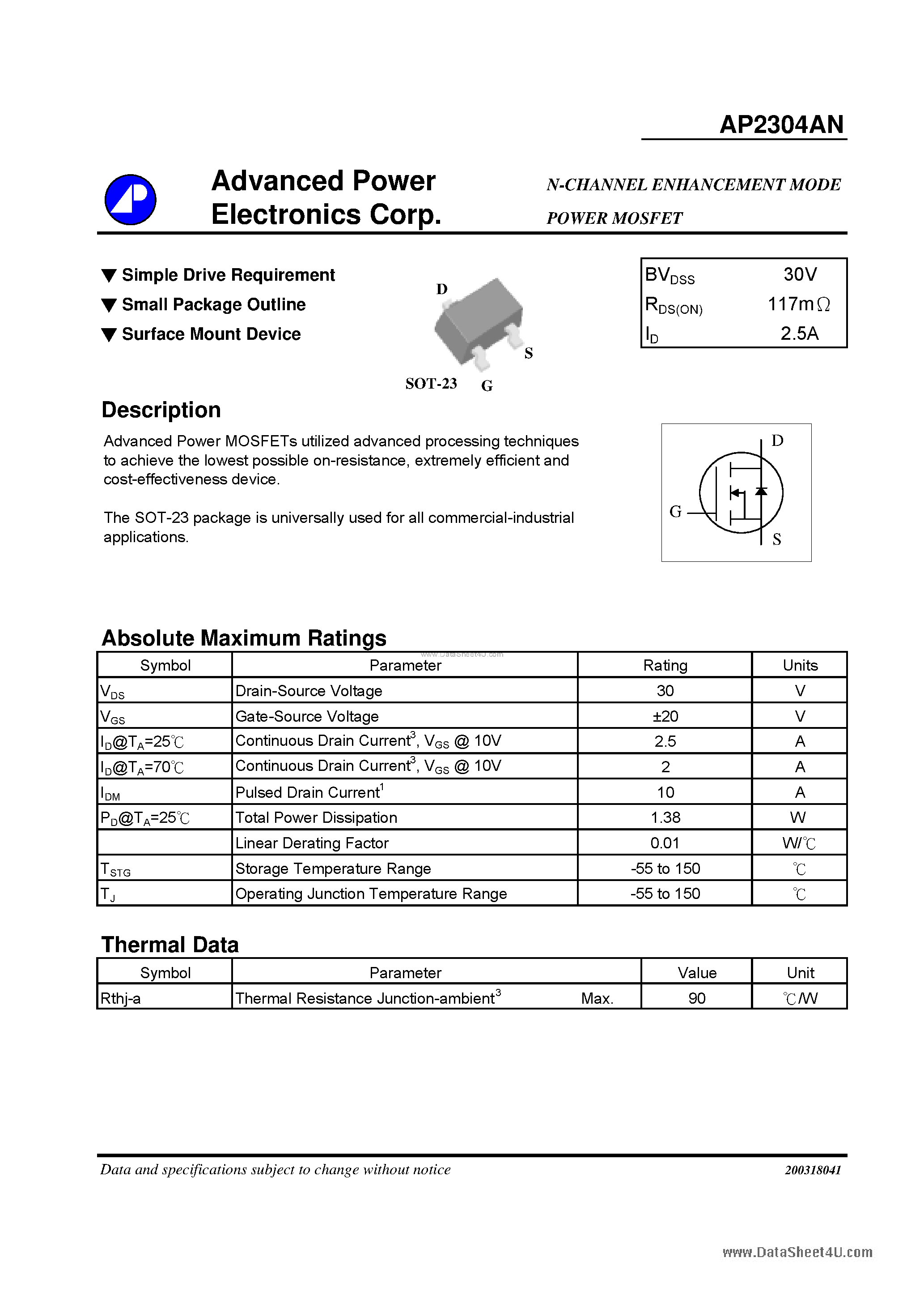 Datasheet AP2304AN - N-CHANNEL ENHANCEMENT MODE POWER MOSFET page 1
