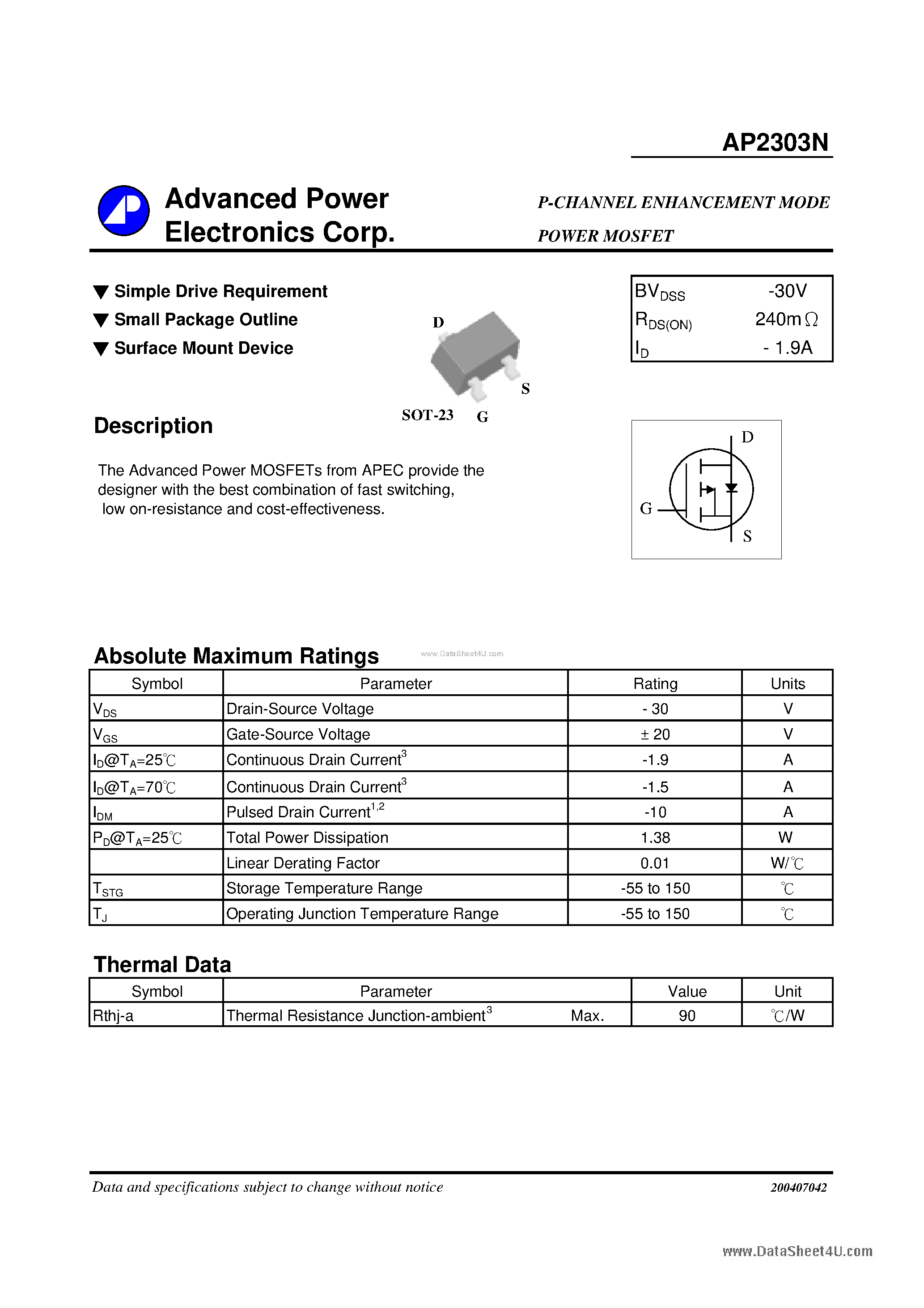 Даташит AP2303N - P-CHANNEL ENHANCEMENT MODE страница 1