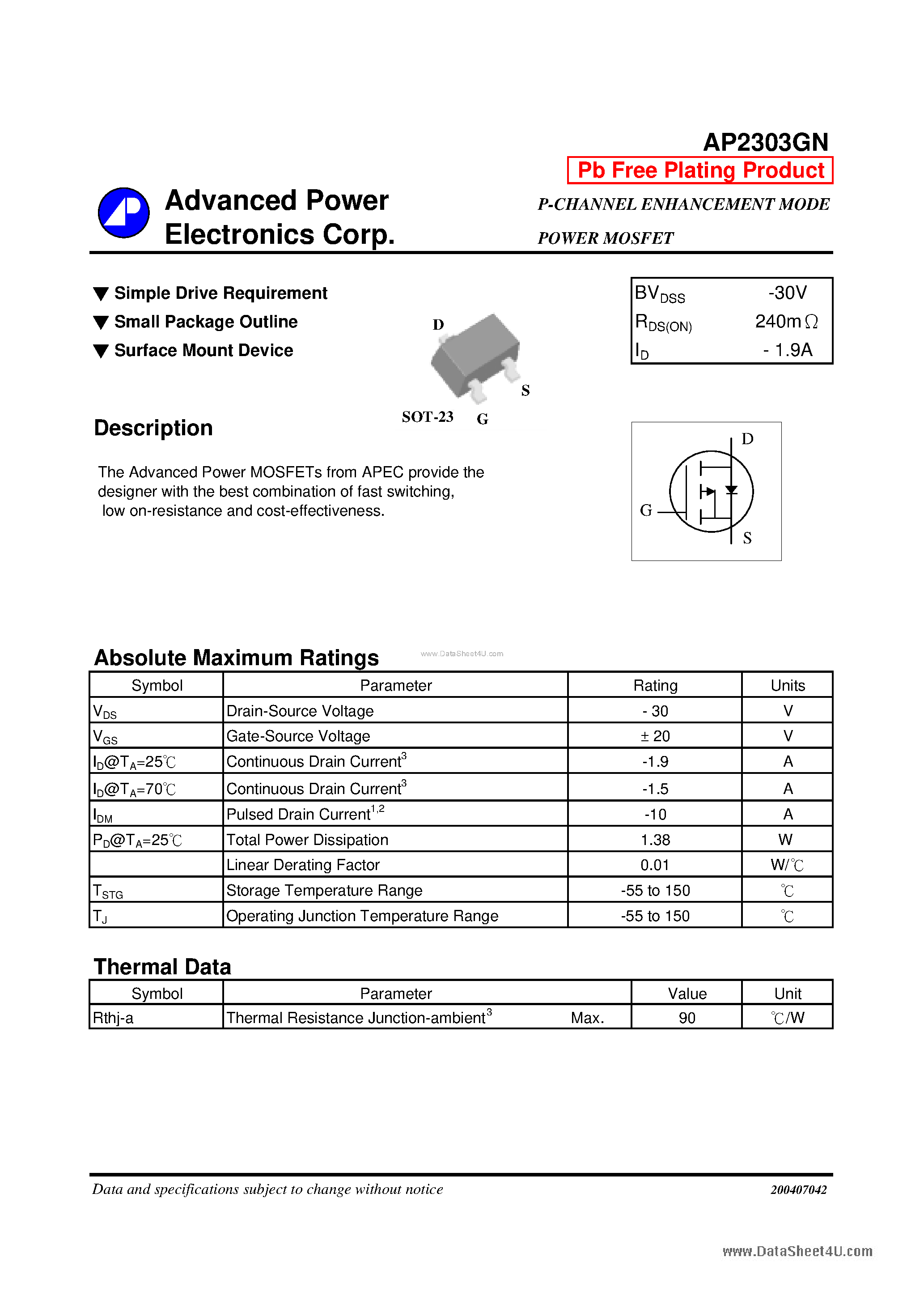 Даташит AP2303GN - P-CHANNEL ENHANCEMENT MODE POWER MOSFET страница 1