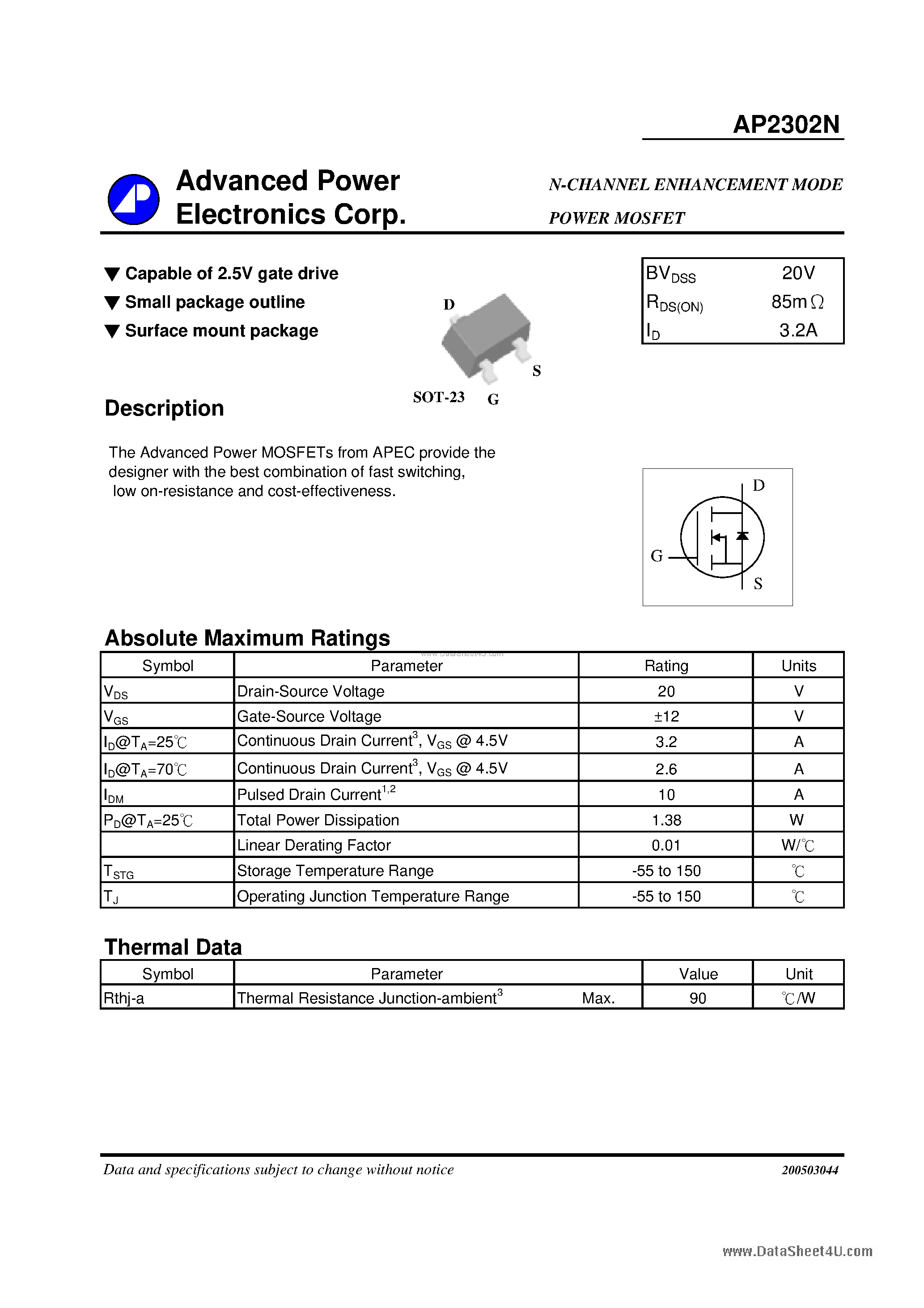 Datasheet AP2302N - N-CHANNEL ENHANCEMENT MODE page 1