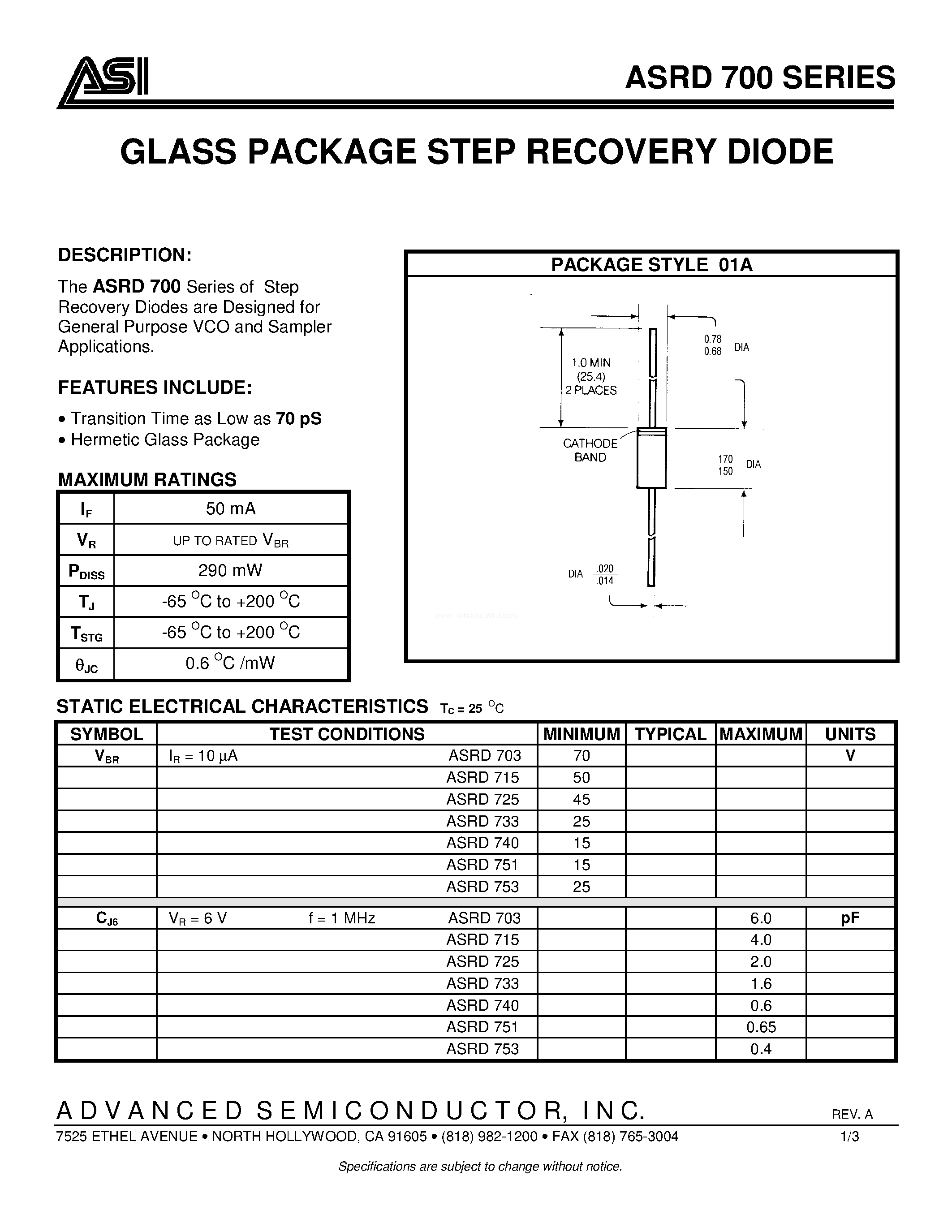 Datasheet ASRD700 page 1 Datasheet ASRD700 - GLASS PACKAGE STEP RECOVERY DIODE page 1