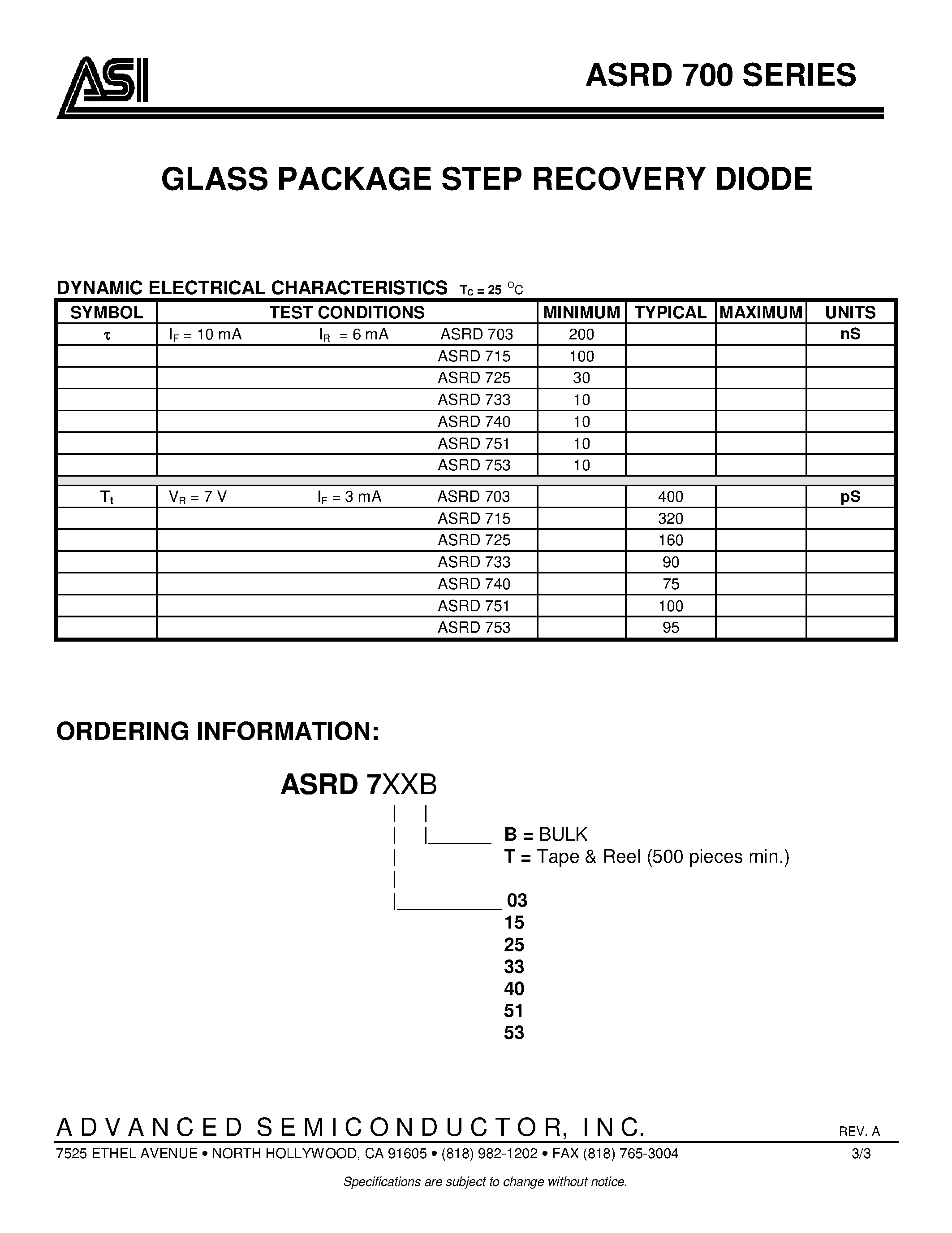 Datasheet ASRD700 page 2 Datasheet ASRD700 - GLASS PACKAGE STEP RECOVERY DIODE page 2