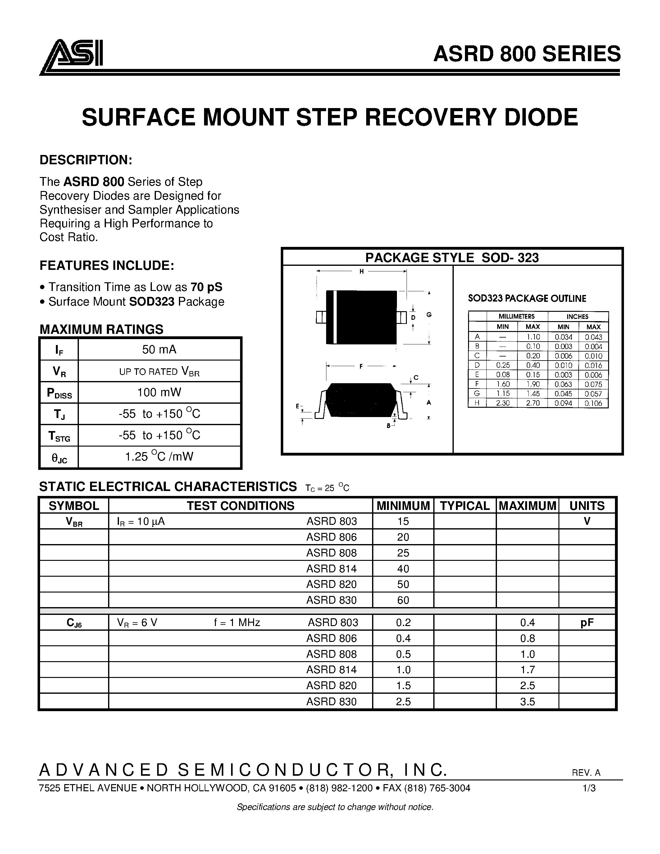 Datasheet ASRD800 page 1 Datasheet ASRD800 - SURFACE MOUNT STEP RECOVERY DIODE page 1
