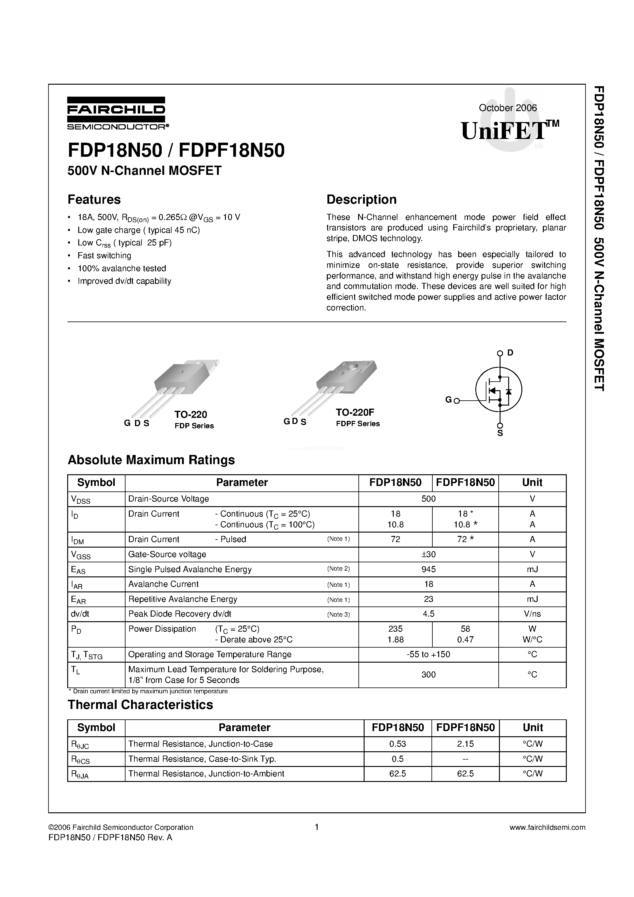 Datasheet FDP18N50 - N-Channel MOSFET page 1