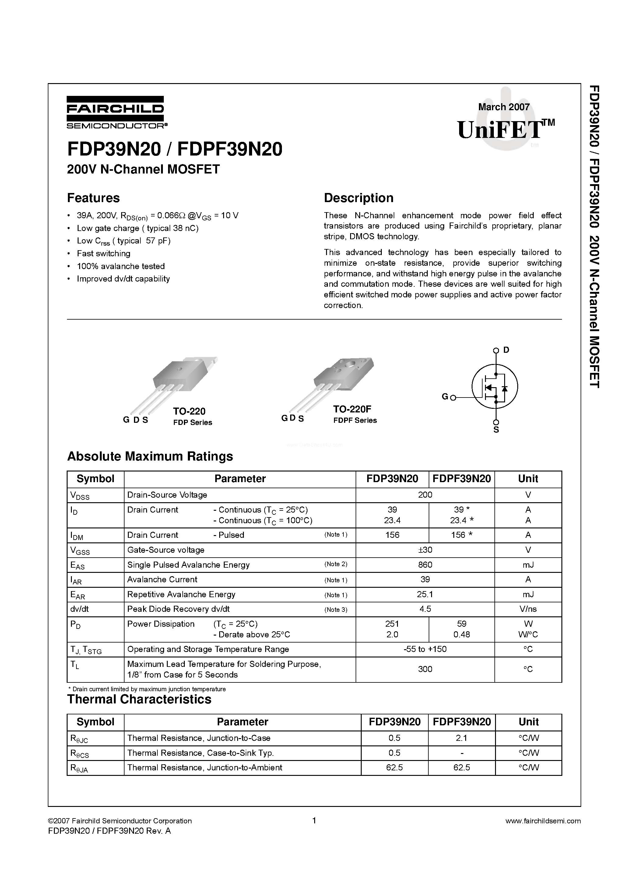 Datasheet FDP39N20 - N-Channel MOSFET page 1