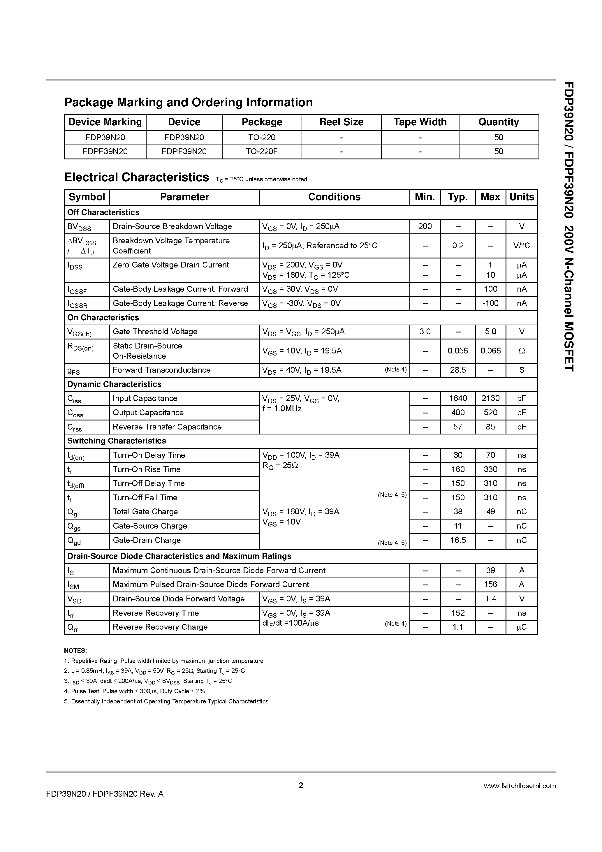 Datasheet FDP39N20 - N-Channel MOSFET page 2