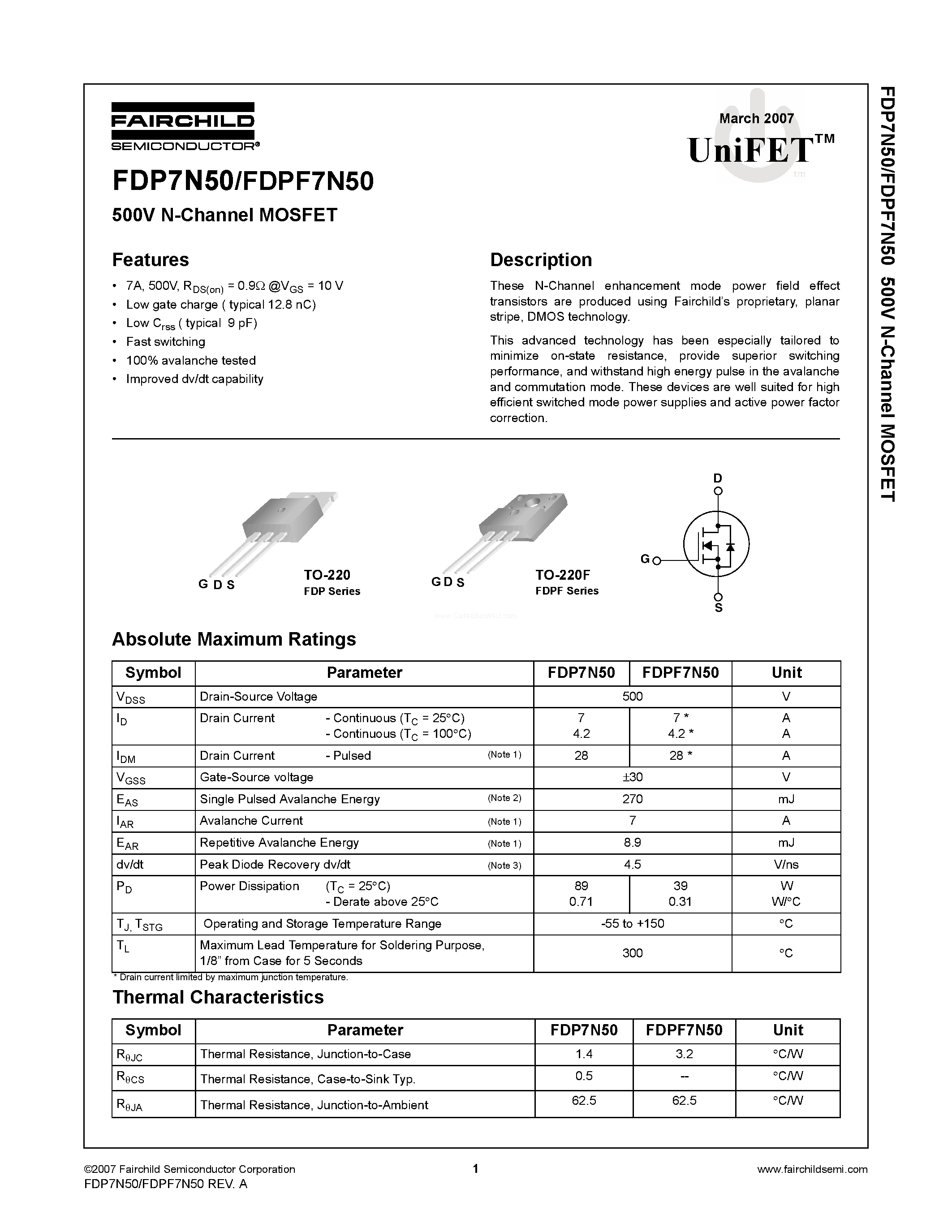 Datasheet FDP7N50 - N-Channel MOSFET page 1