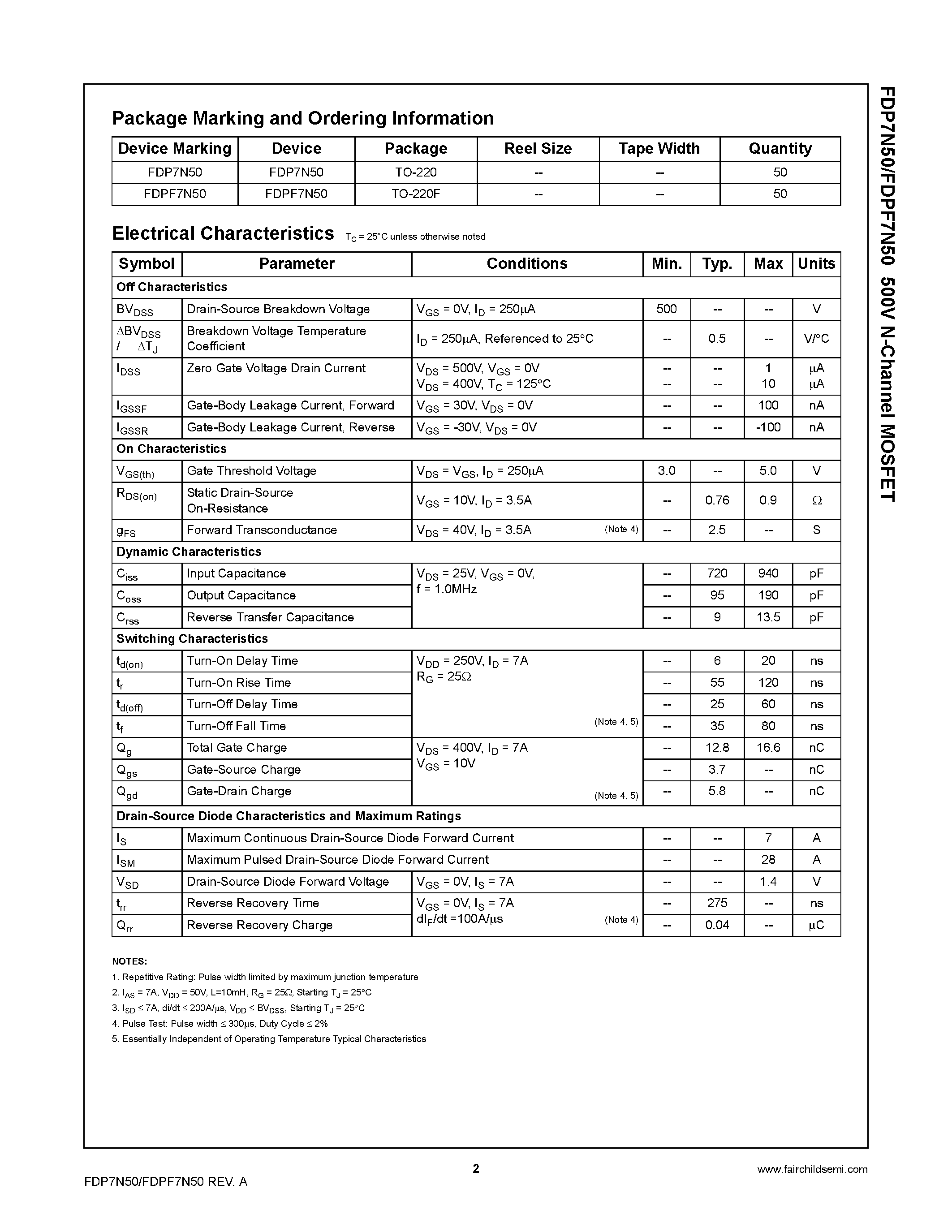 Datasheet FDP7N50 - N-Channel MOSFET page 2