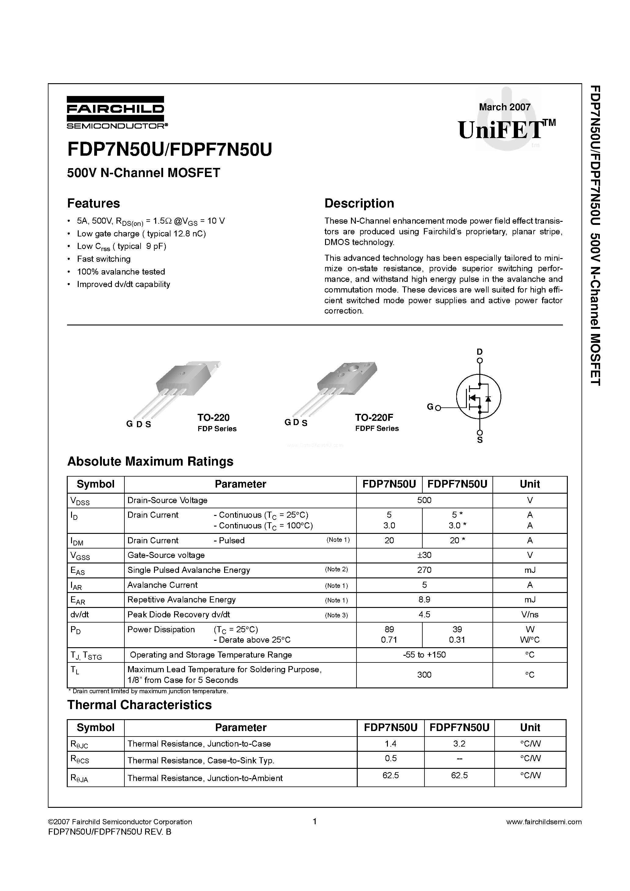 Datasheet FDP7N50U - N-Channel MOSFET page 1