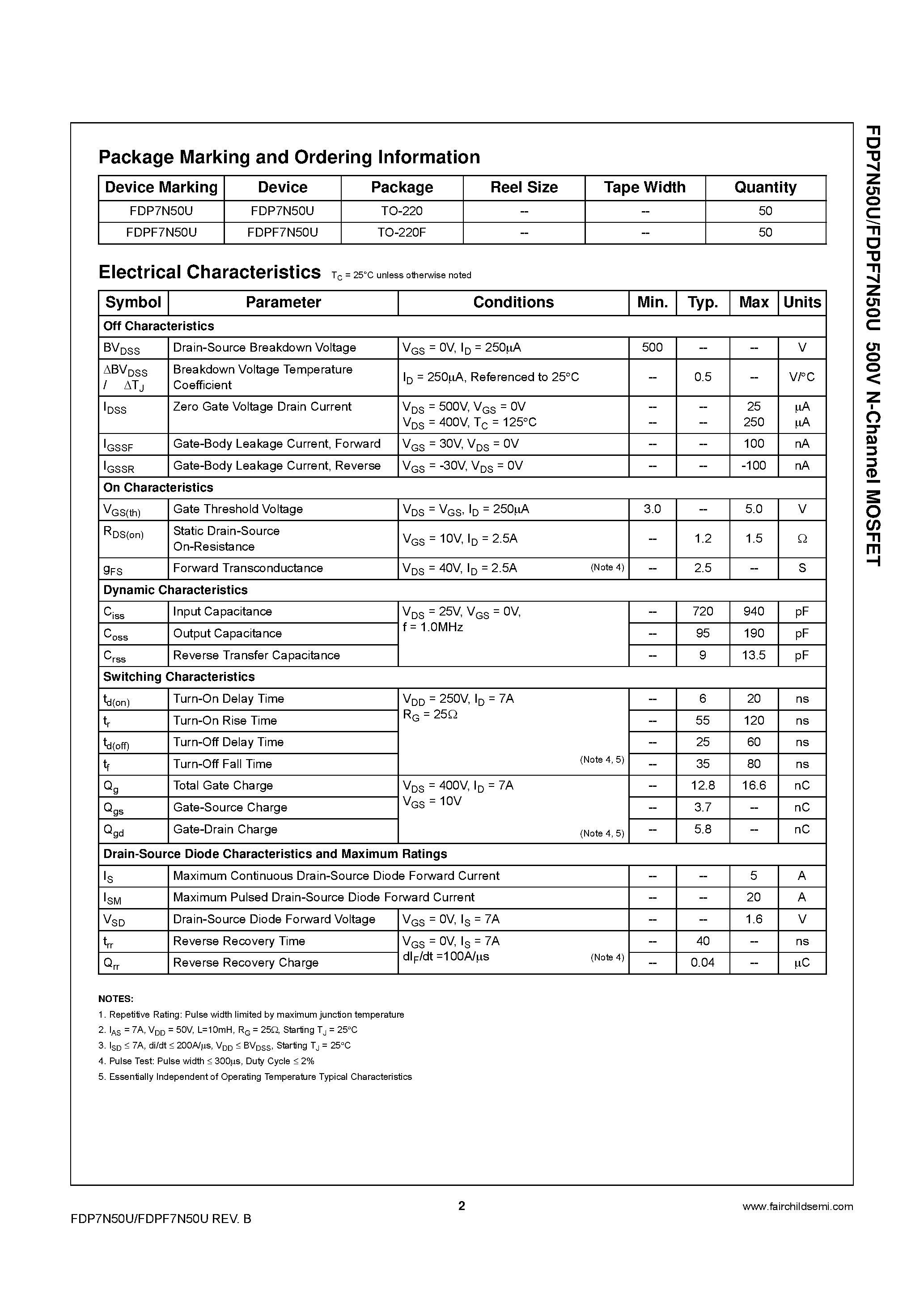 Datasheet FDP7N50U - N-Channel MOSFET page 2