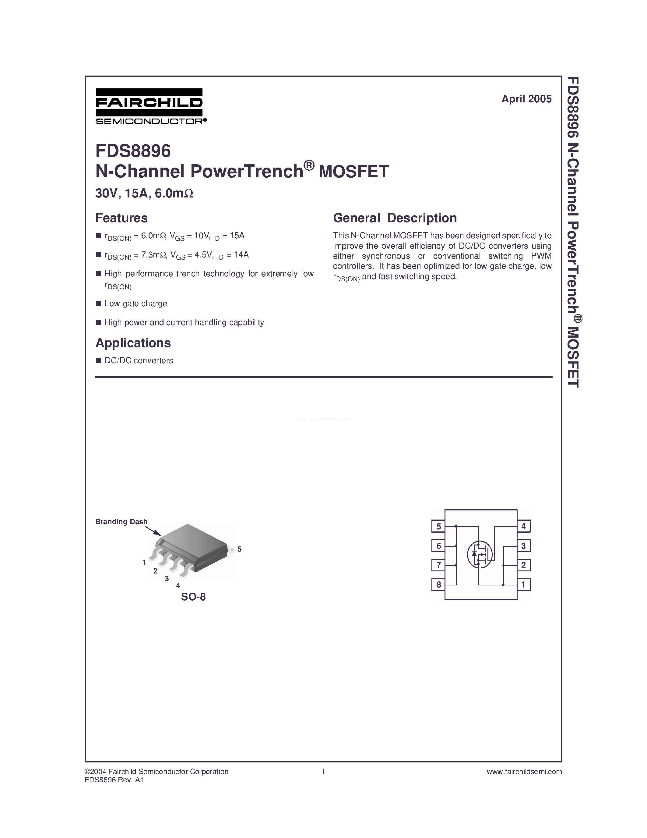Даташит FDS8896 - N-Channel MOSFET страница 1