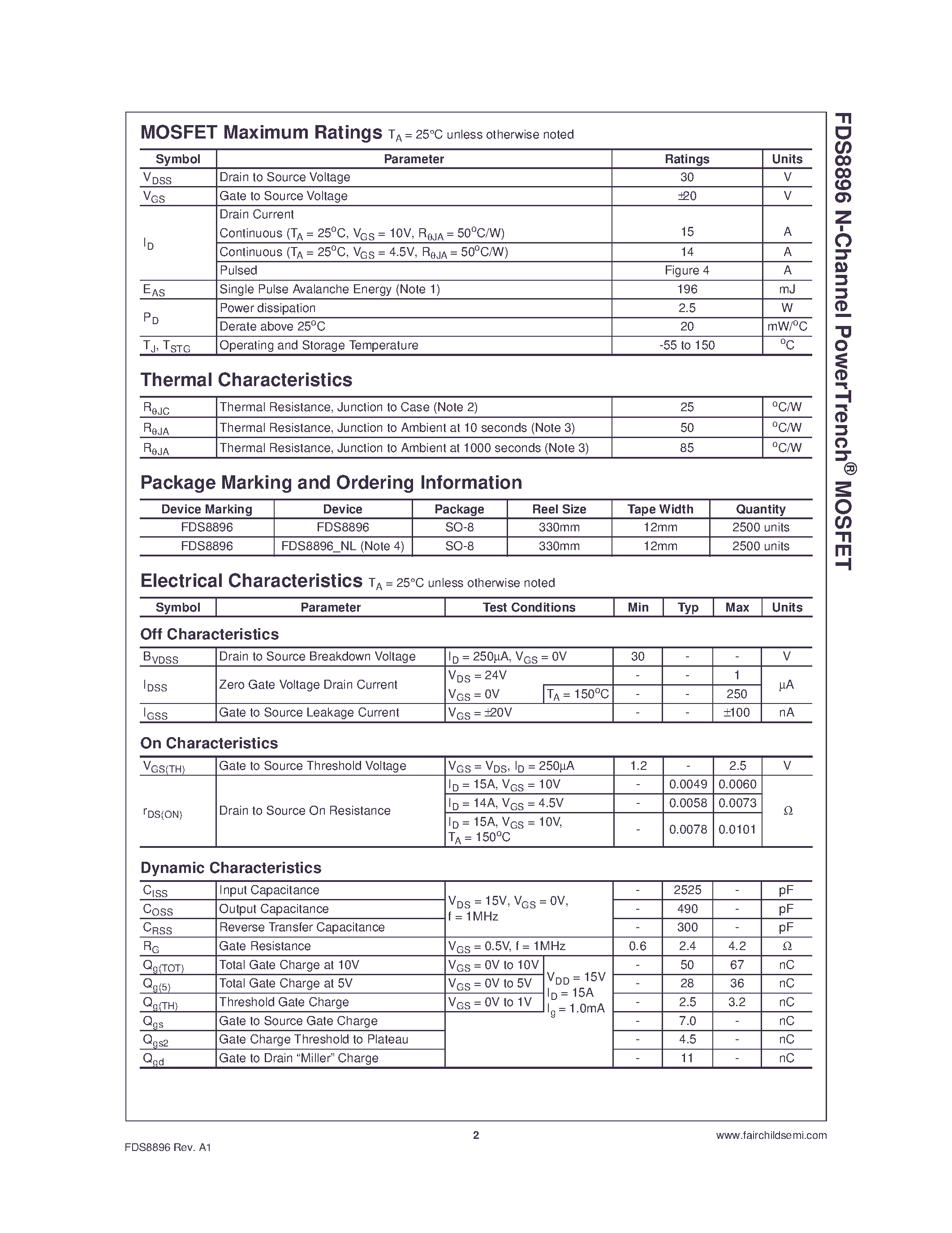 Даташит FDS8896 - N-Channel MOSFET страница 2