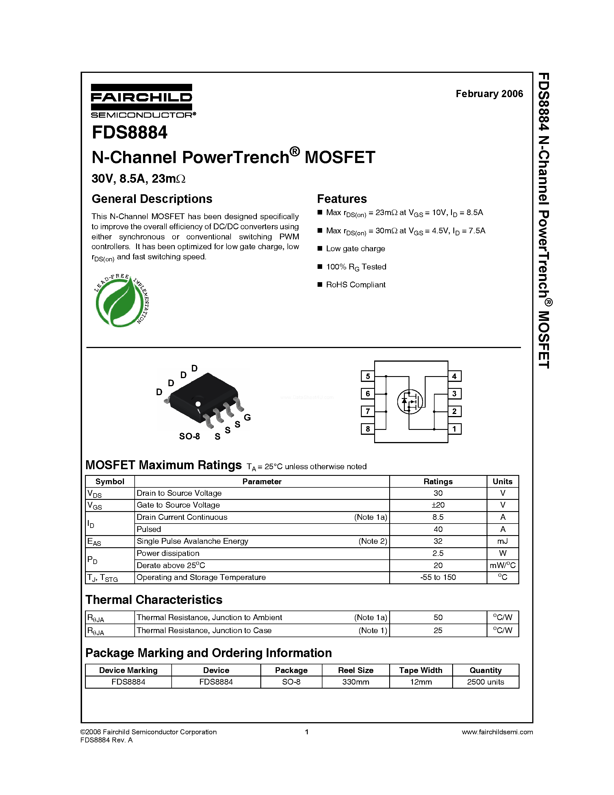 Даташит на микросхему FDS8884 страница 1 Даташит FDS8884 - N-Channel MOSFET страница 1