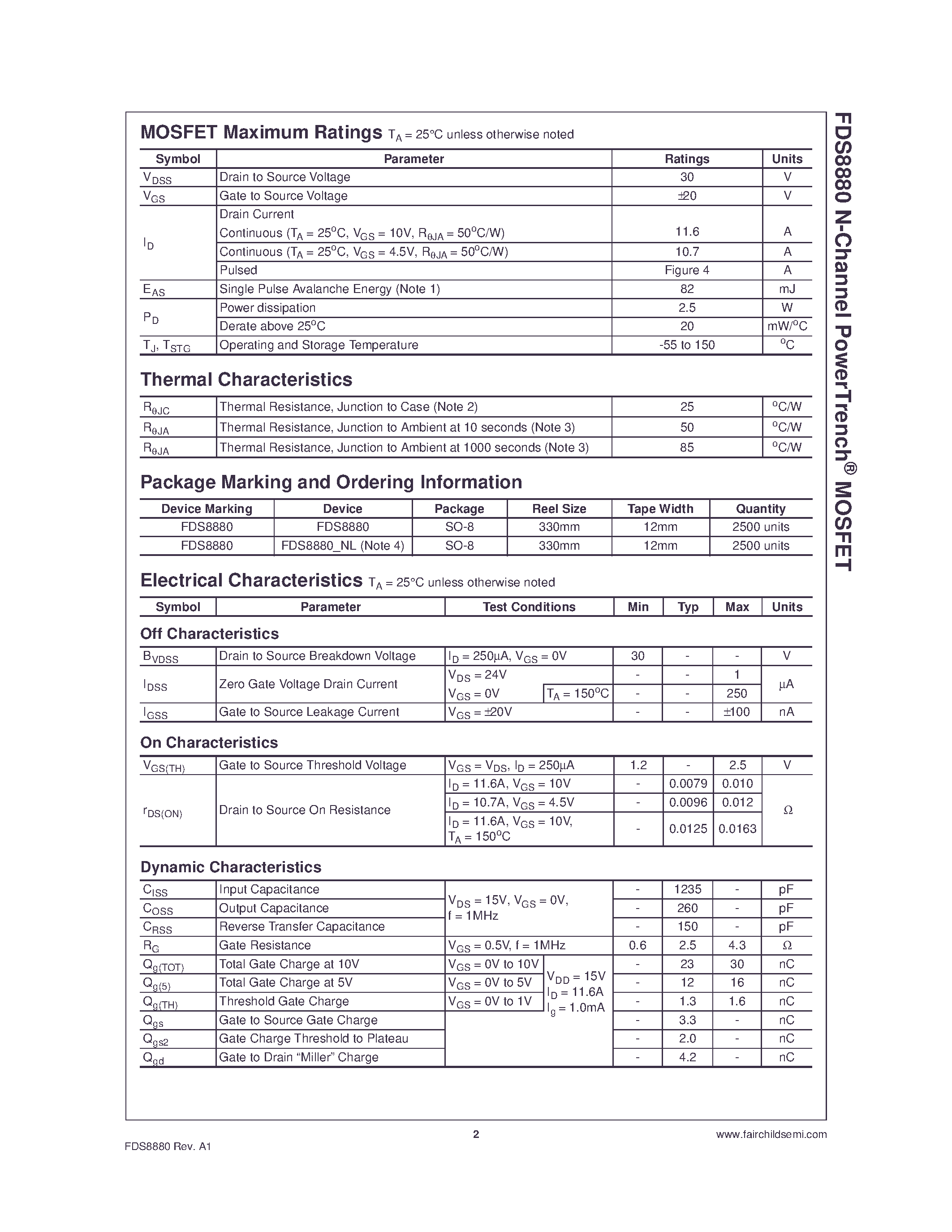 Даташит FDS8880 - N-Channel MOSFET страница 2