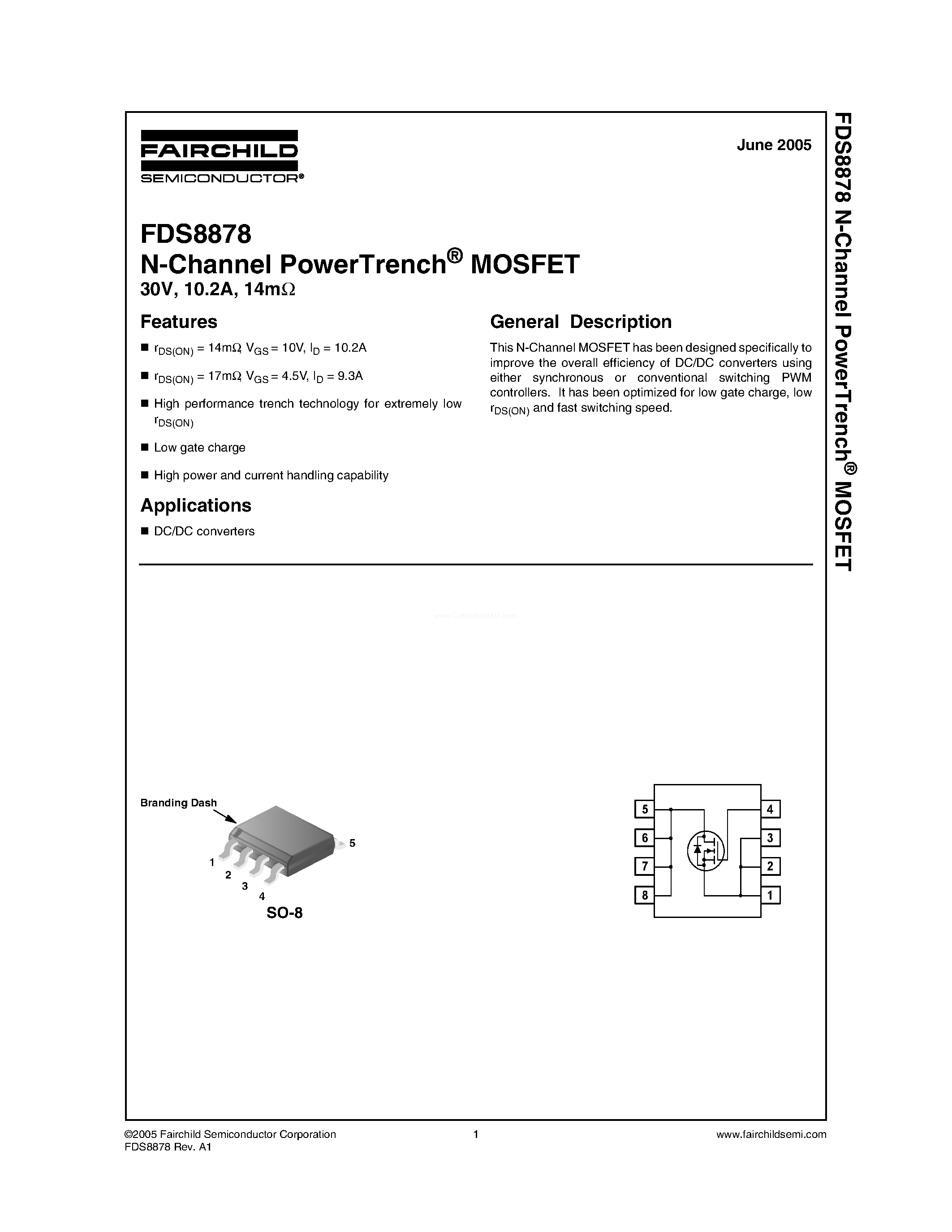 Даташит FDS8878 - N-Channel MOSFET страница 1