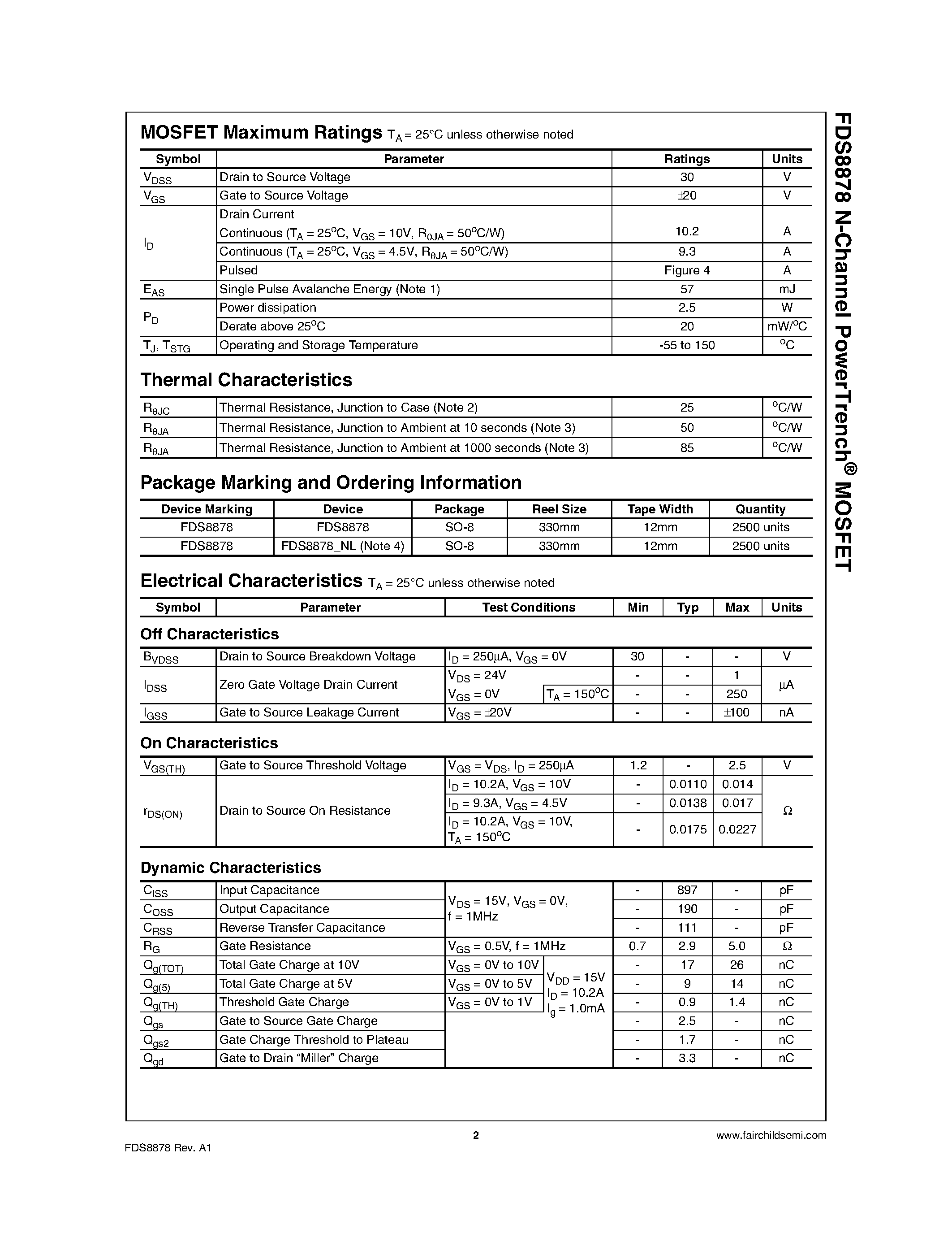Даташит FDS8878 - N-Channel MOSFET страница 2