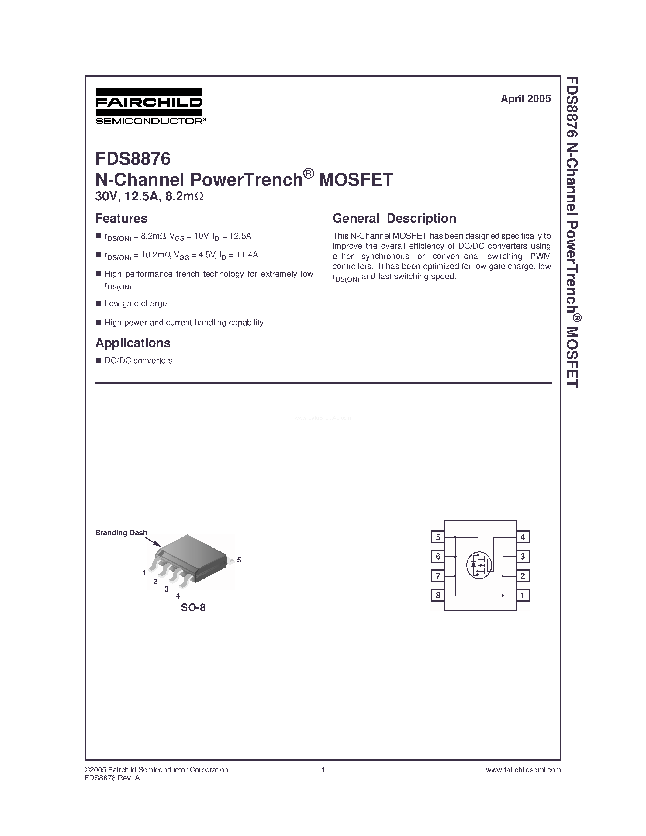 Даташит FDS8876 - N-Channel MOSFET страница 1