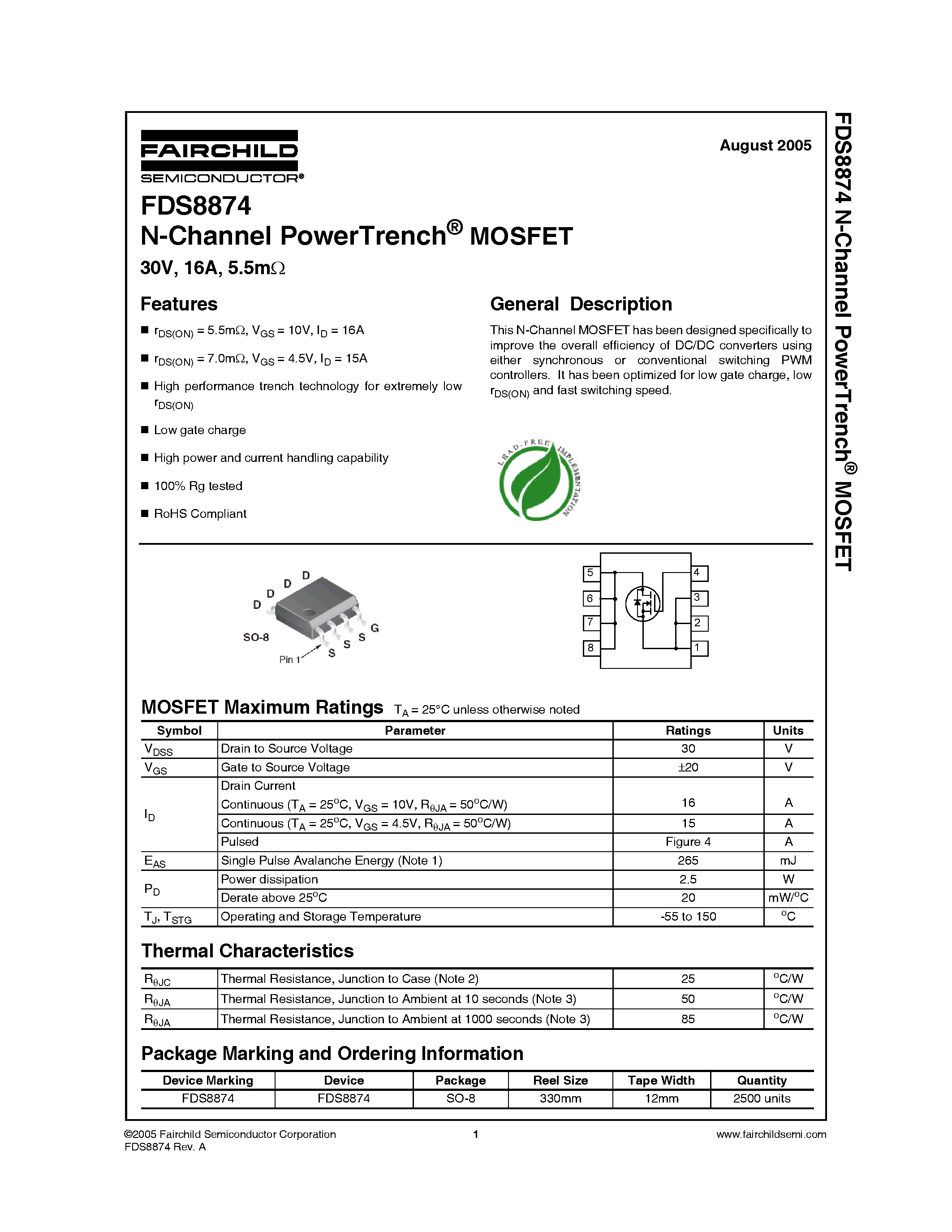 Даташит FDS8874 - N-Channel MOSFET страница 1