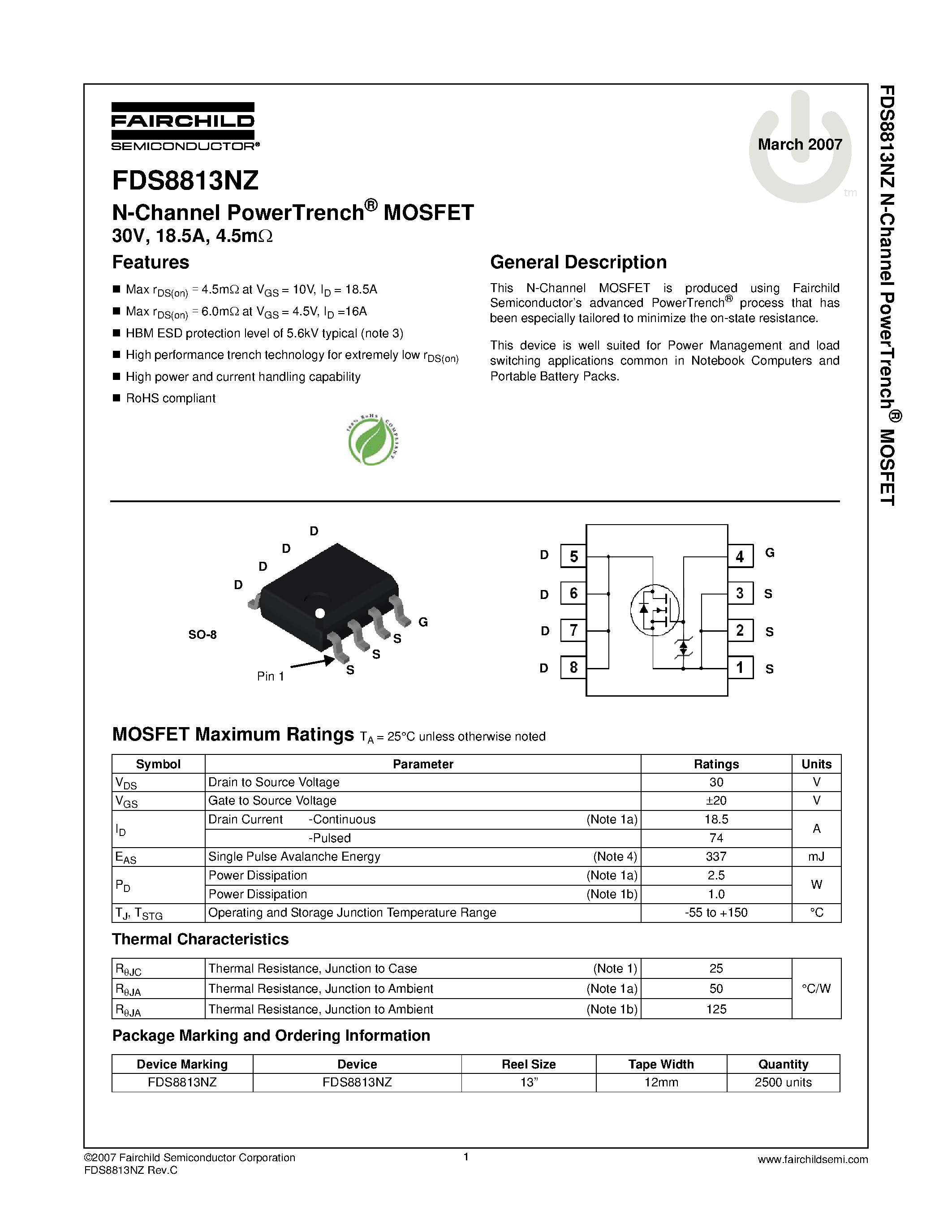 Даташит на микросхему FDS8813NZ страница 1 Даташит FDS8813NZ - N-Channel MOSFET страница 1