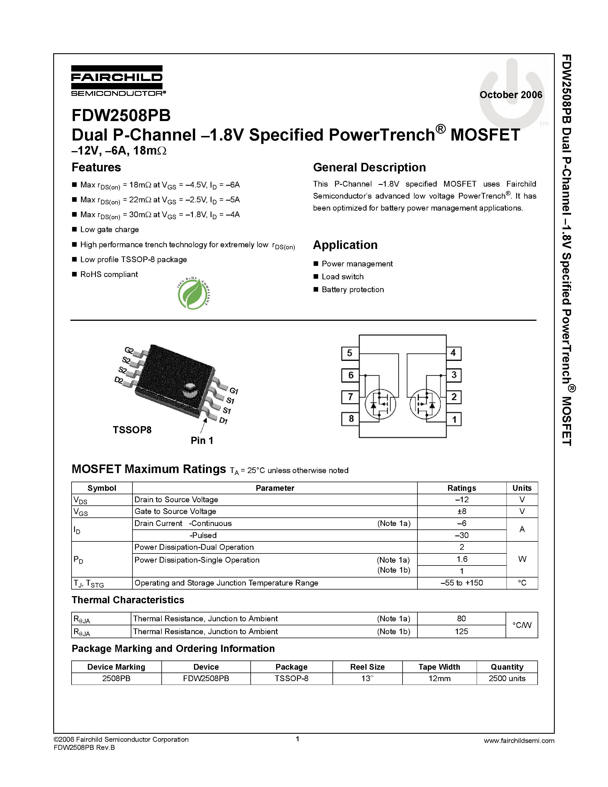 Datasheet FDW2508PB - Dual P-Channel MOSFET page 1