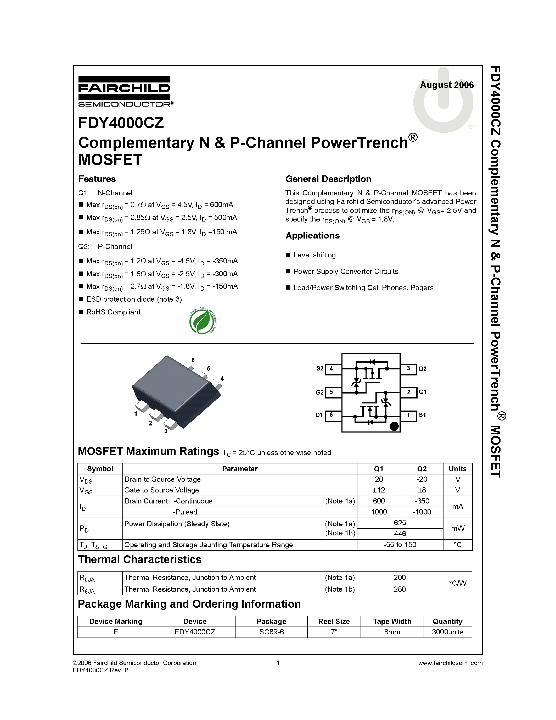 Datasheet FDY4000CZ page 1 Datasheet FDY4000CZ - Complementary N & P-Channel PowerTrench MOSFET page 1