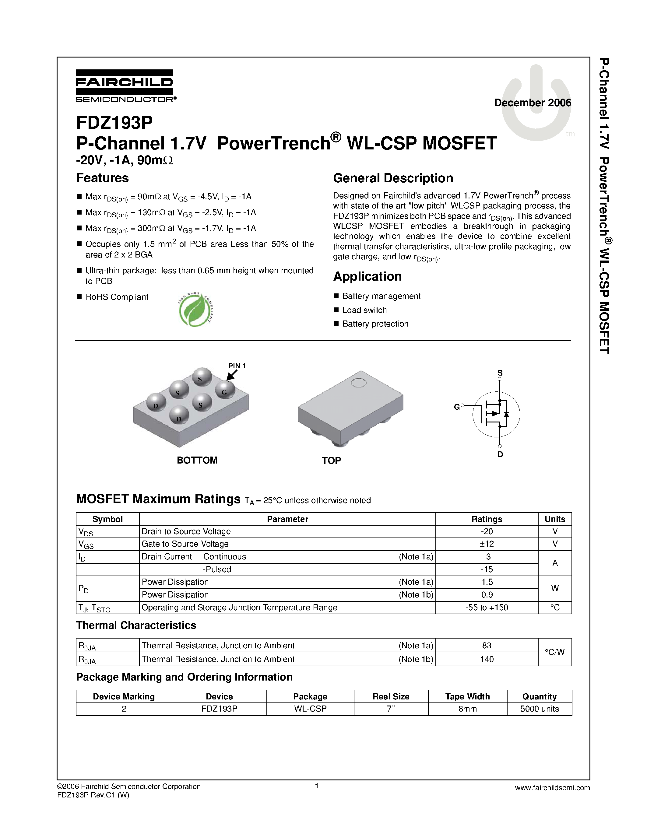 Даташит FDZ193P - P-Channel 1.7V PowerTrench WL-CSP MOSFET страница 1