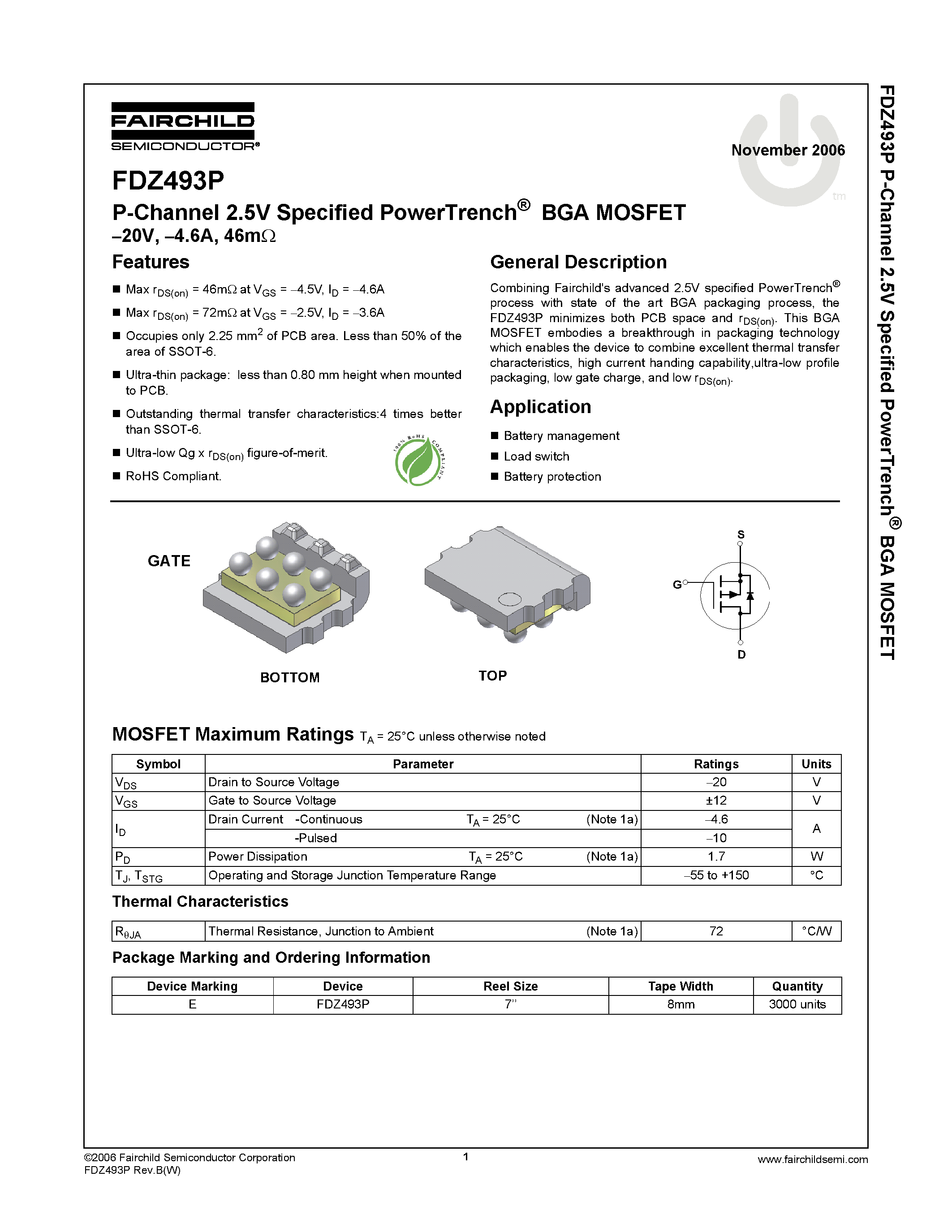 Даташит FDZ493P - P-Channel 2.5V Specified PowerTrench BGA MOSFET страница 1