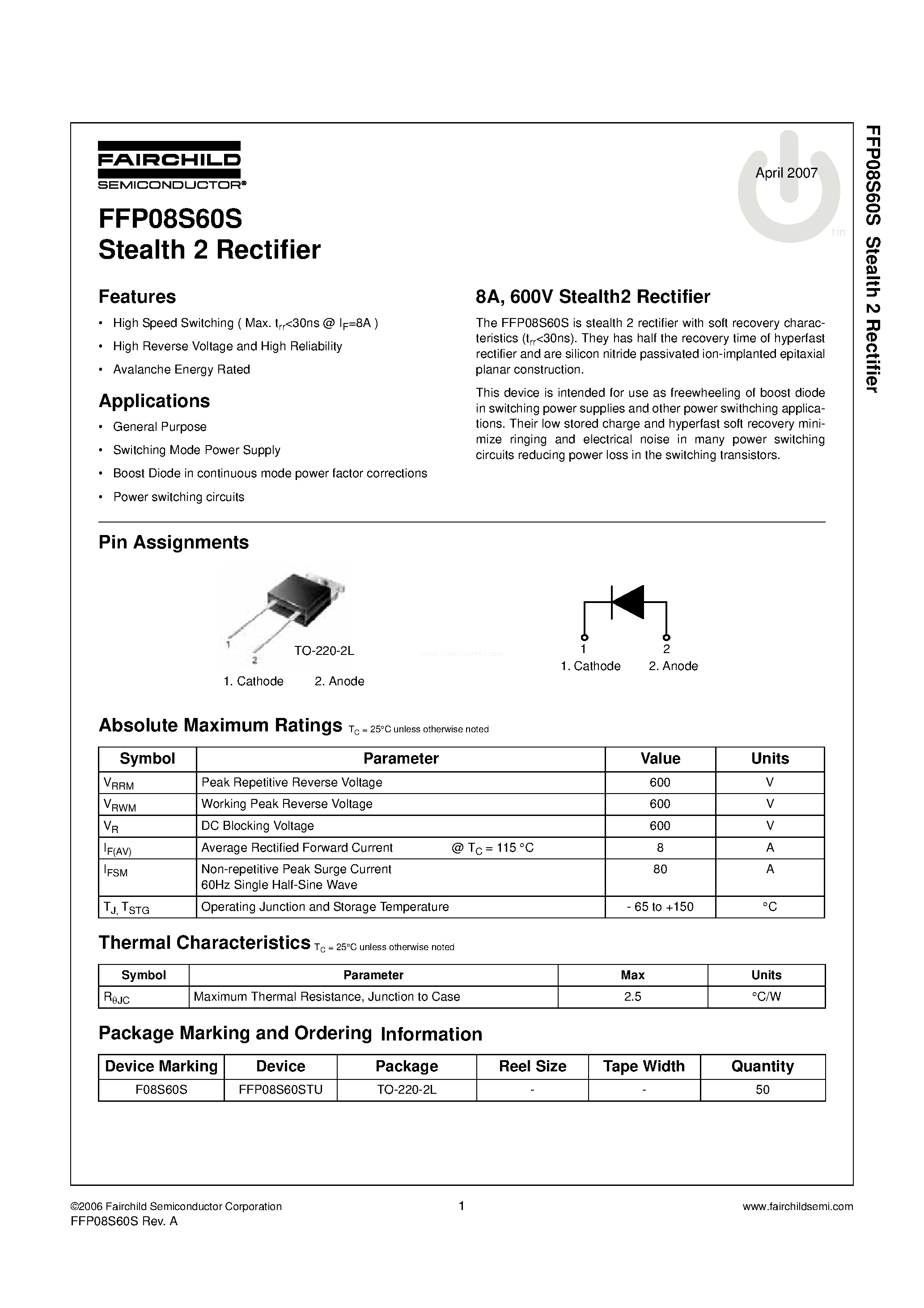 Datasheet FFP08S60S - Stealth 2 Rectifier page 1