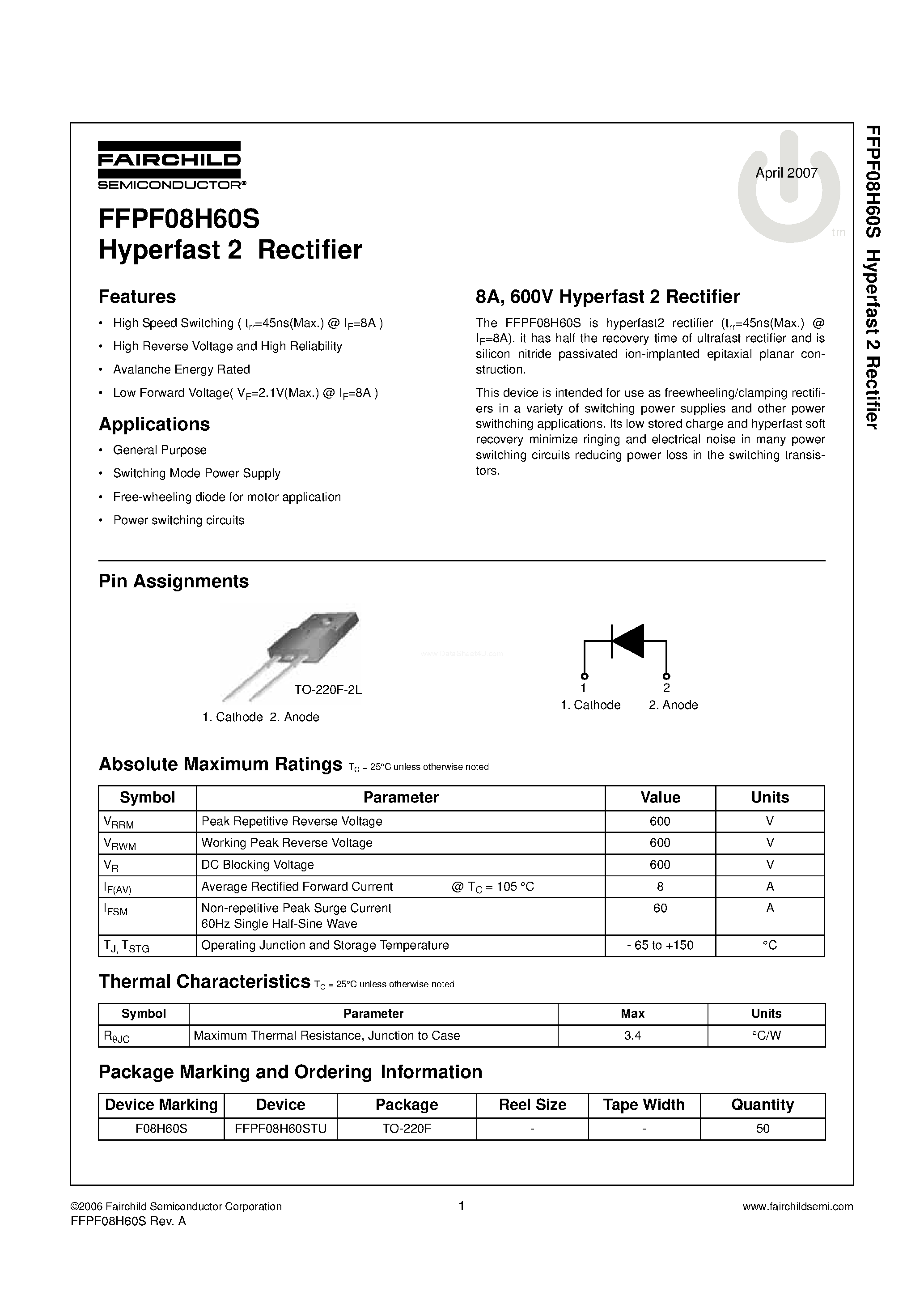 Datasheet FFPF08H60S - Hyperfast 2 Rectifier page 1