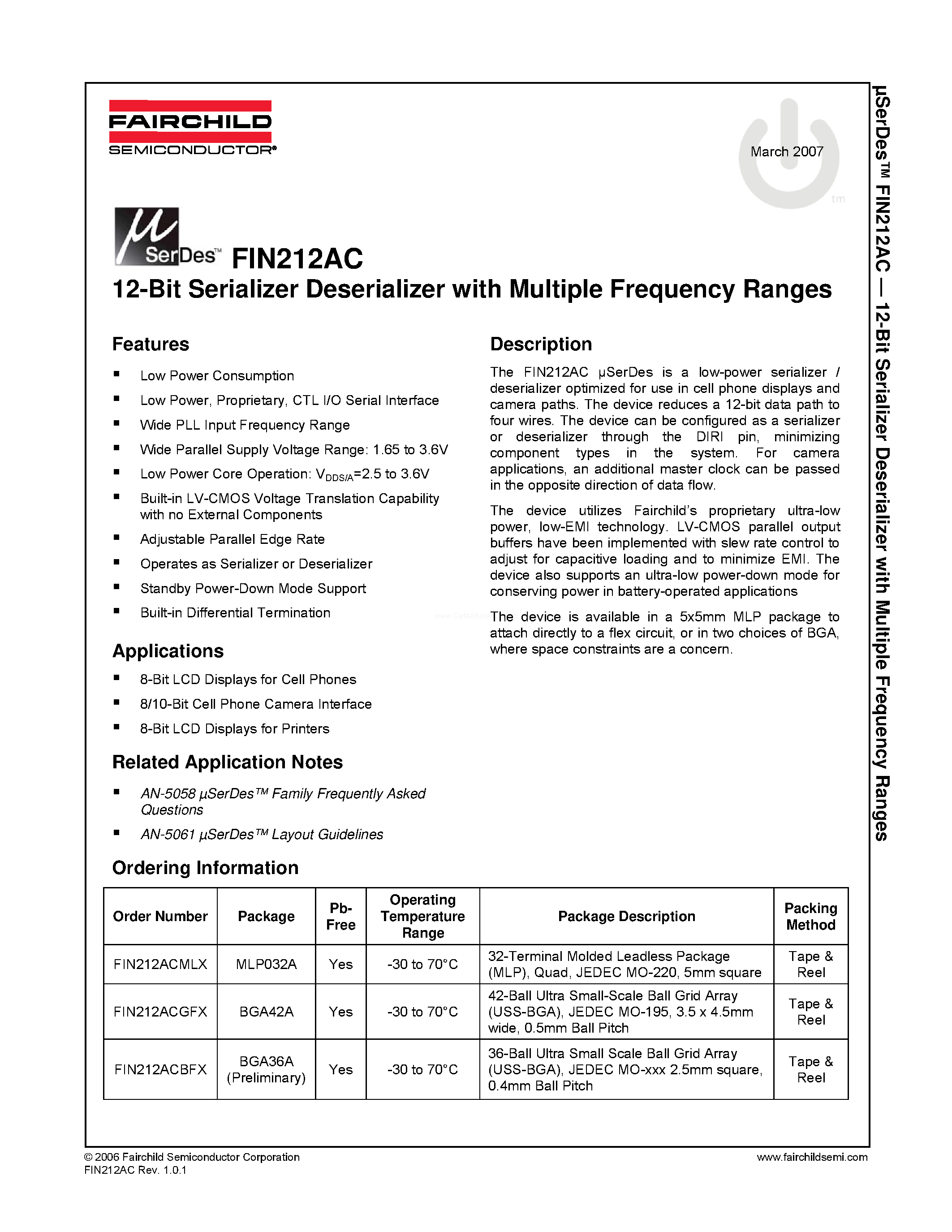 Даташит на микросхему FIN212AC страница 1 Даташит FIN212AC - 12-Bit Serializer Deserializer страница 1