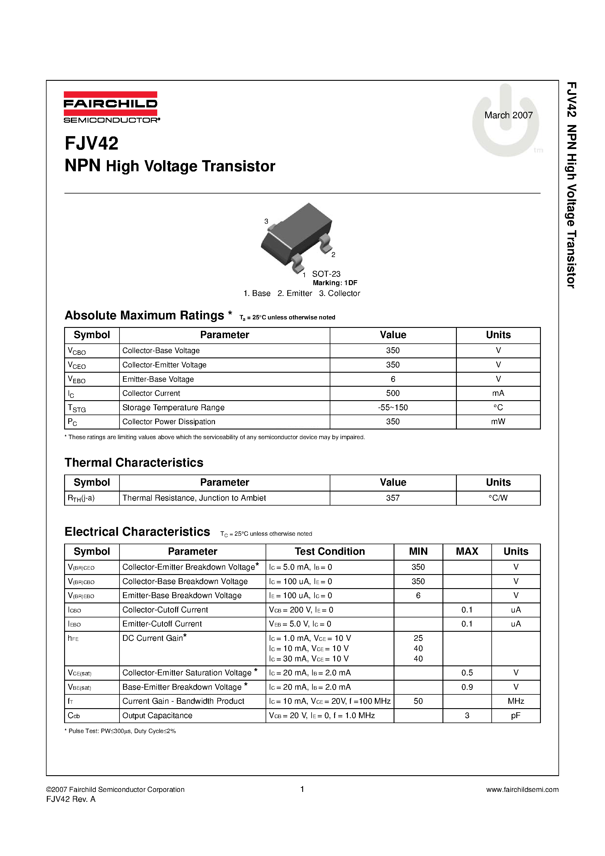 Даташит FJV42 - NPN High Voltage Transistor страница 1