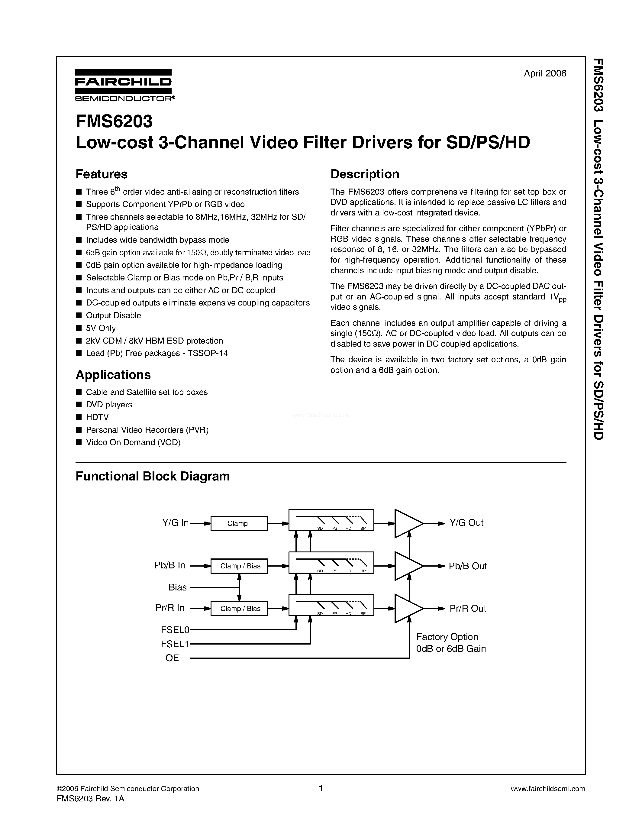 Даташит FMS6203 - Low-cost 3-Channel Video Filter Drivers страница 1