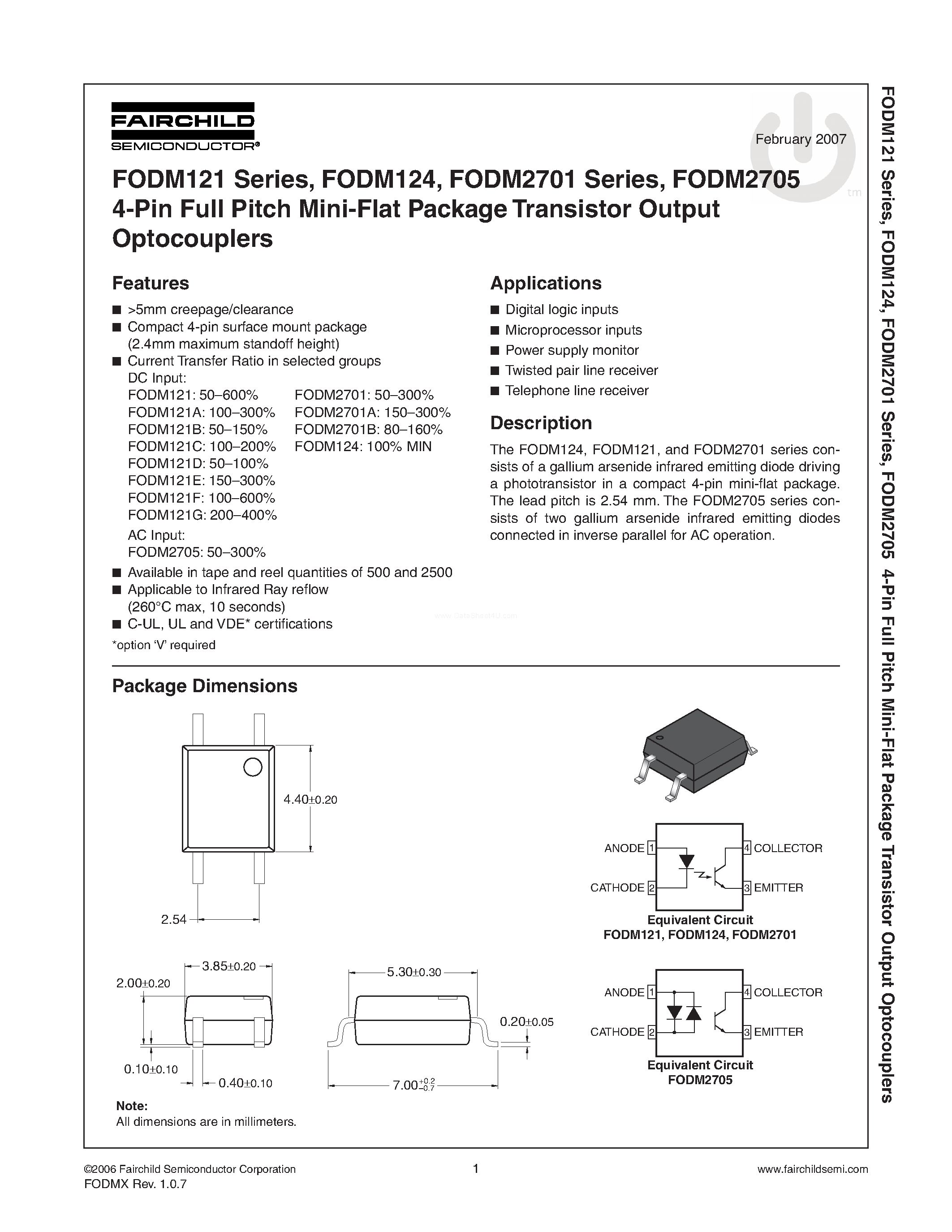 Даташит FODM121 - (FODM12x / FODM27xx) 4-Pin Full Pitch Mini-Flat Package Transistor Output Optocouplers страница 1