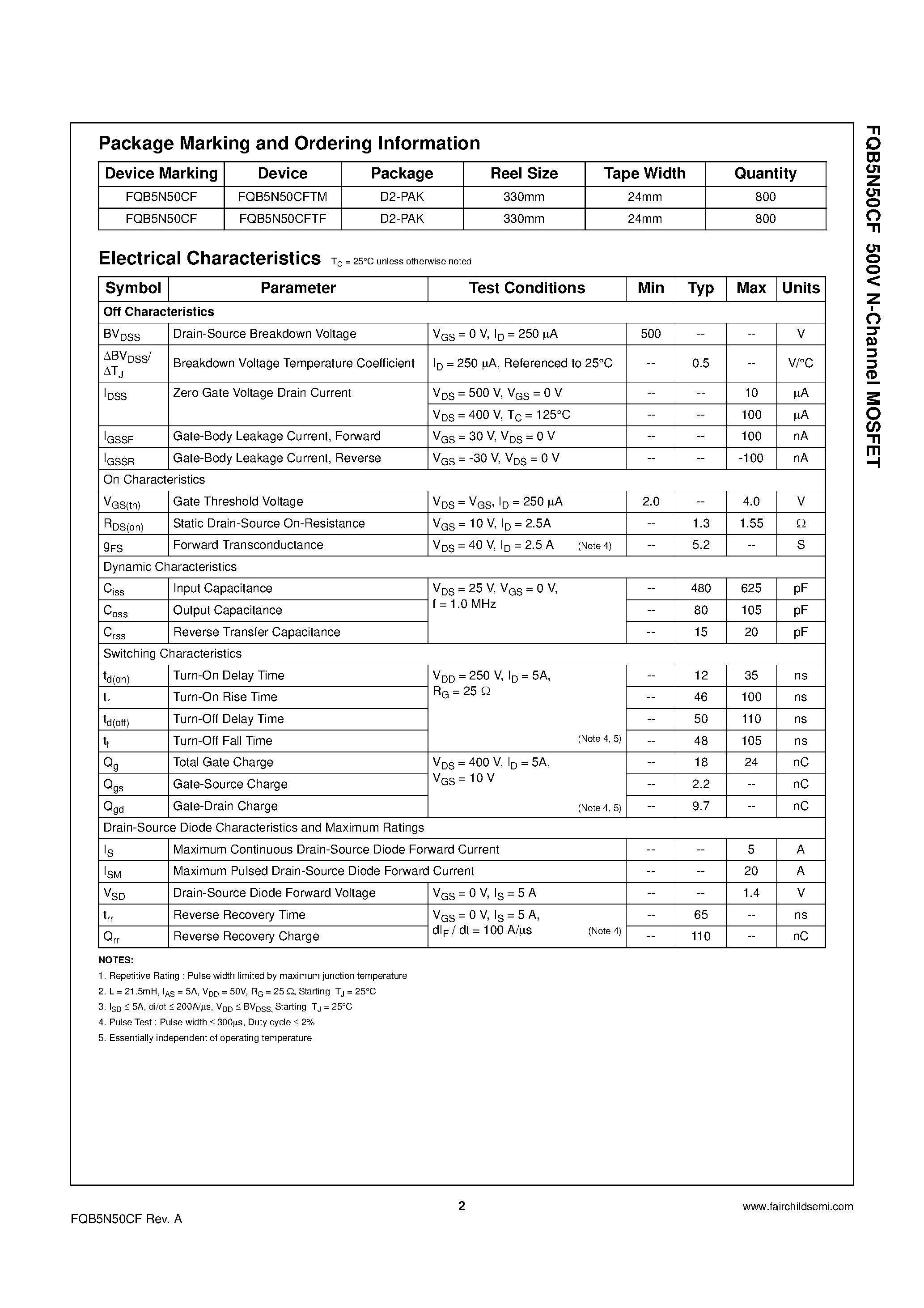 Datasheet FQB5N50CF - N-Channel MOSFET page 2