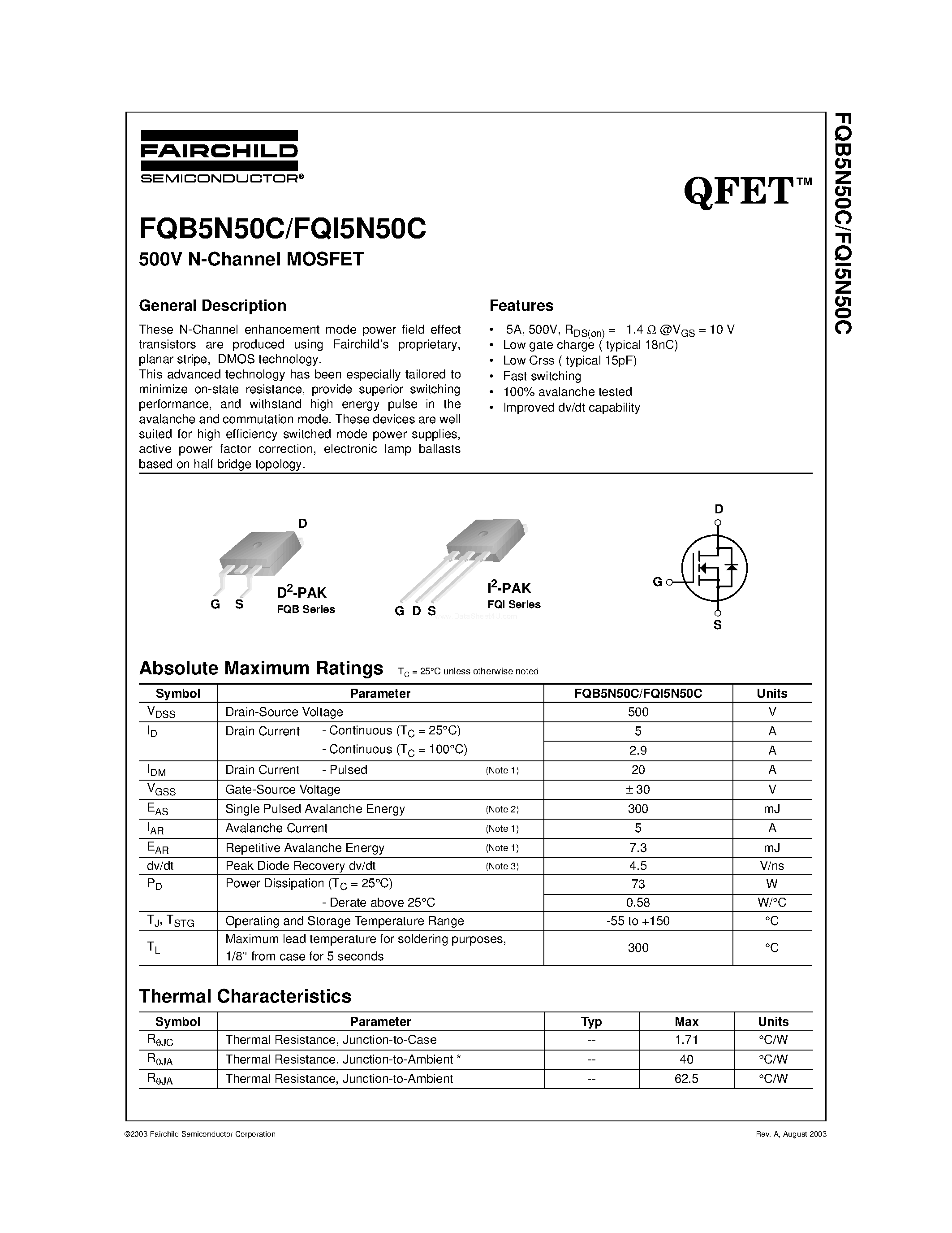 Datasheet FQB5N50C - N-Channel MOSFET page 1
