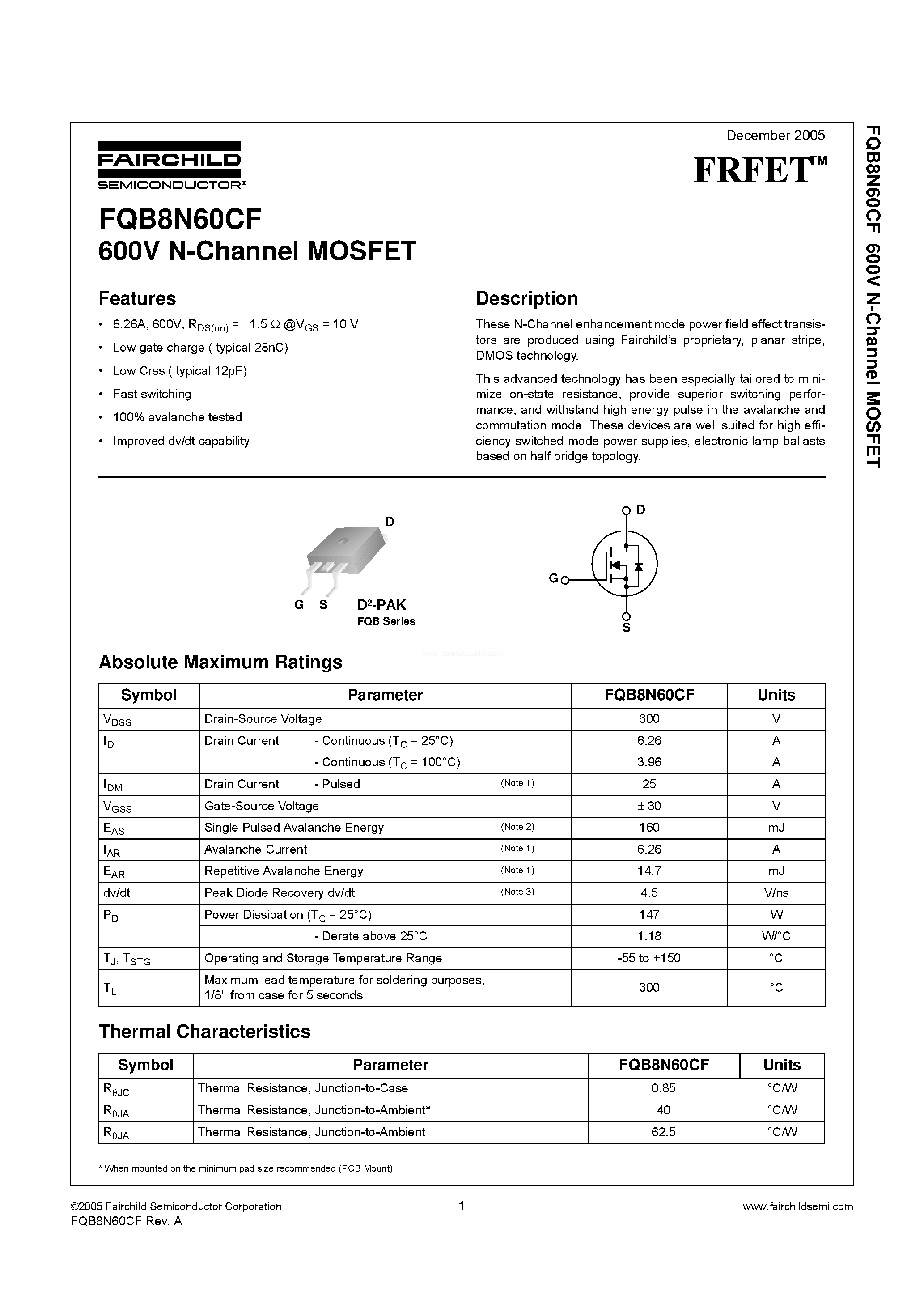 Datasheet FQB8N60CF - N-Channel MOSFET page 1