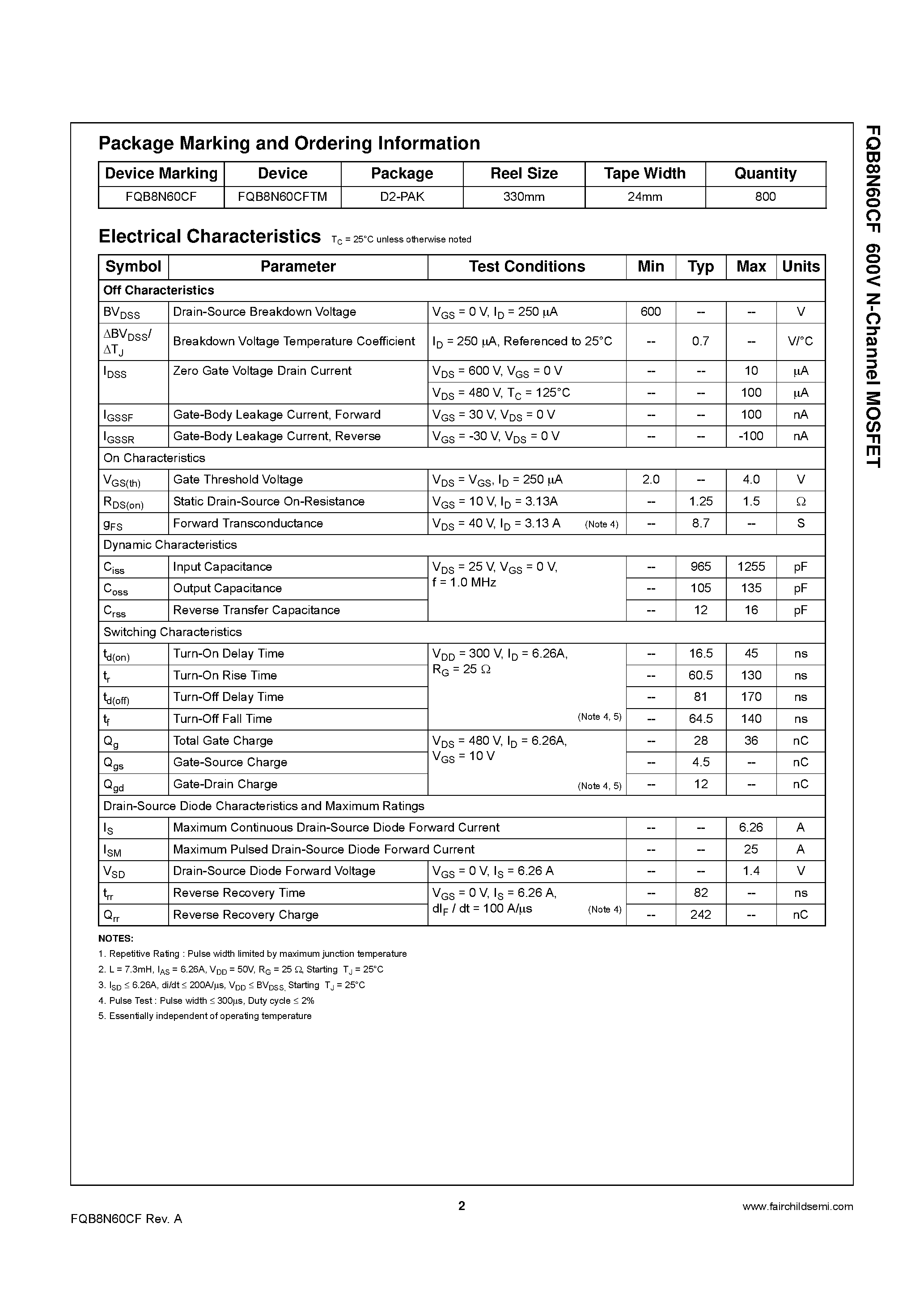 Datasheet FQB8N60CF - N-Channel MOSFET page 2