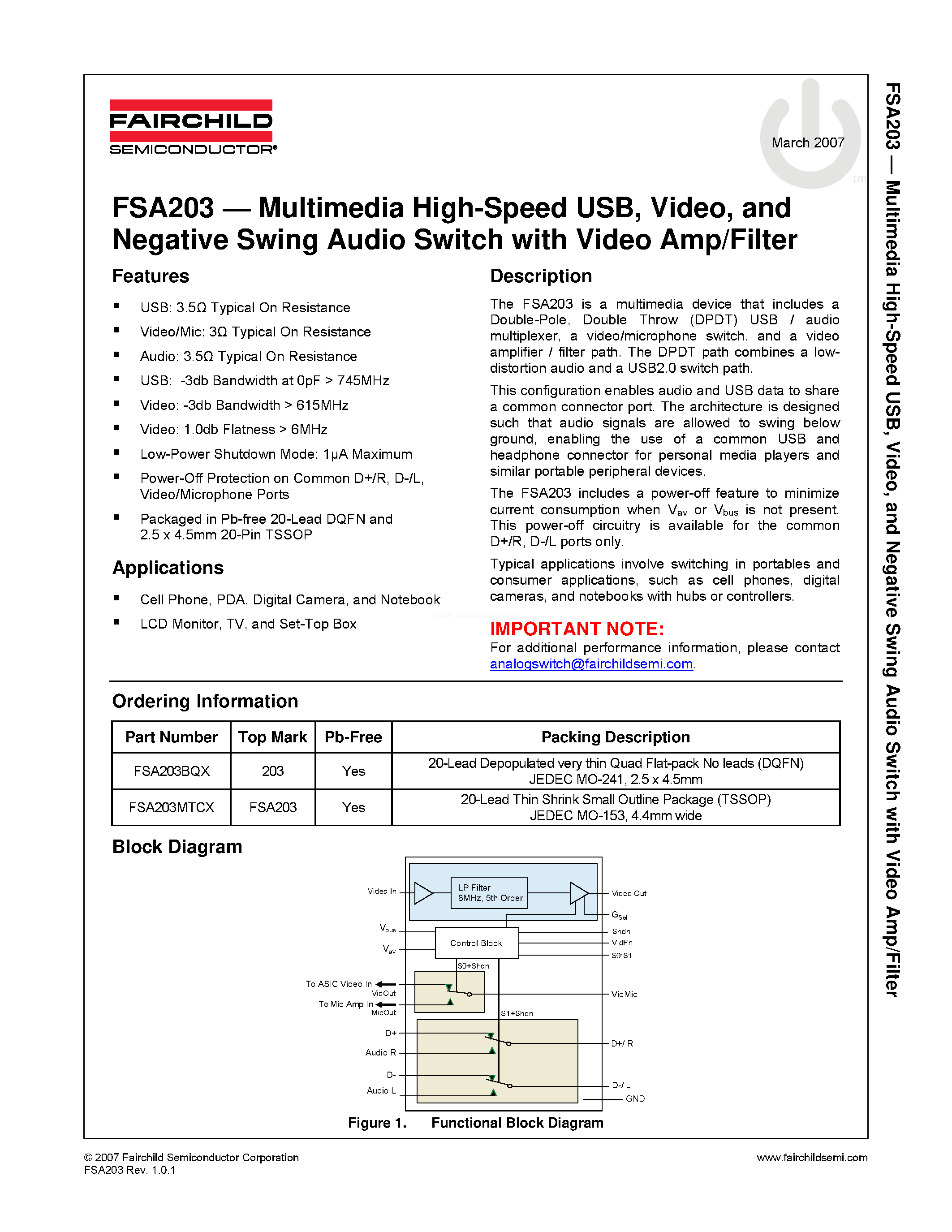 Даташит на микросхему FSA203 страница 1 Даташит FSA203 - Negative Swing Audio Switch страница 1