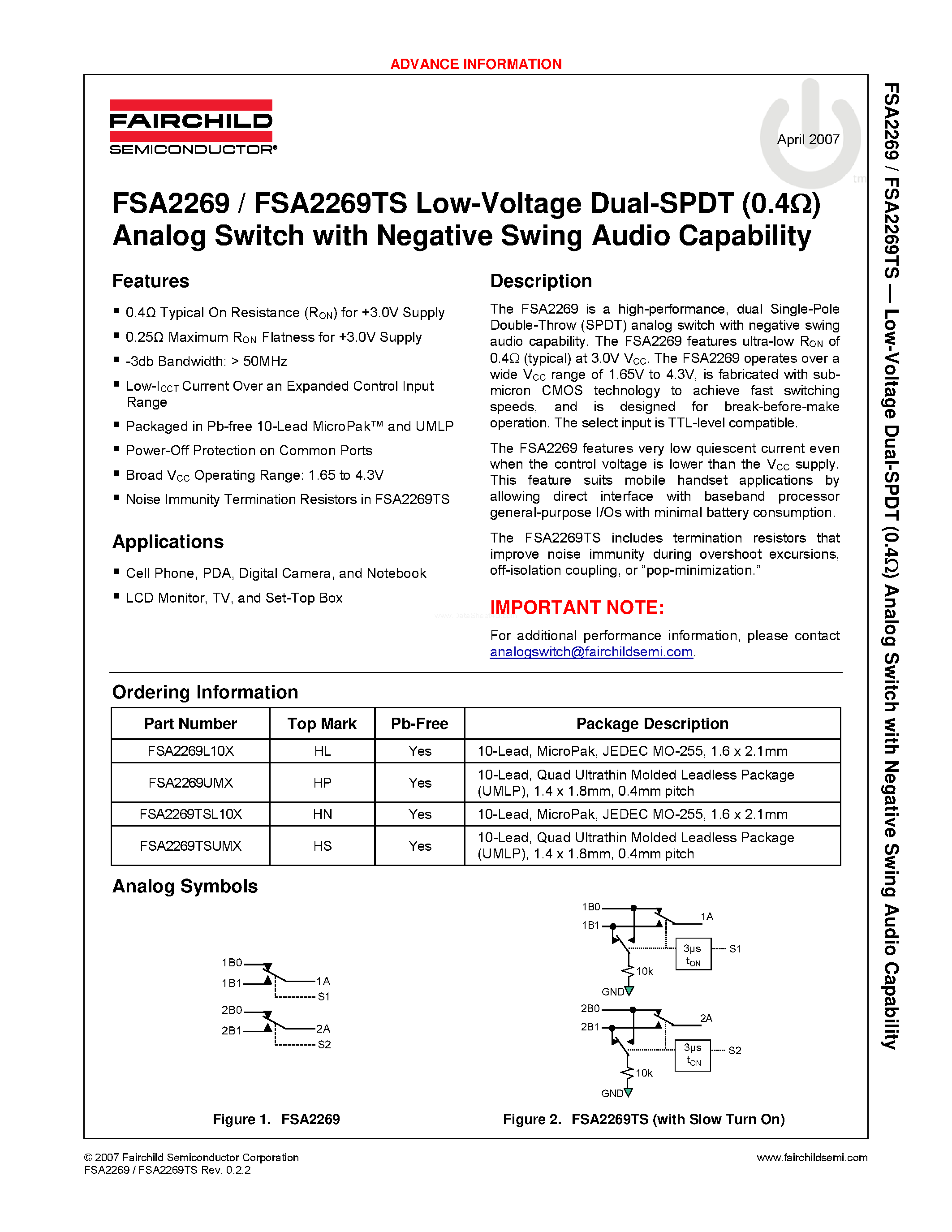 Datasheet FSA2269 page 1 Datasheet FSA2269 - Low-Voltage Dual-SPDT (0.4ohm) Analog Switch page 1
