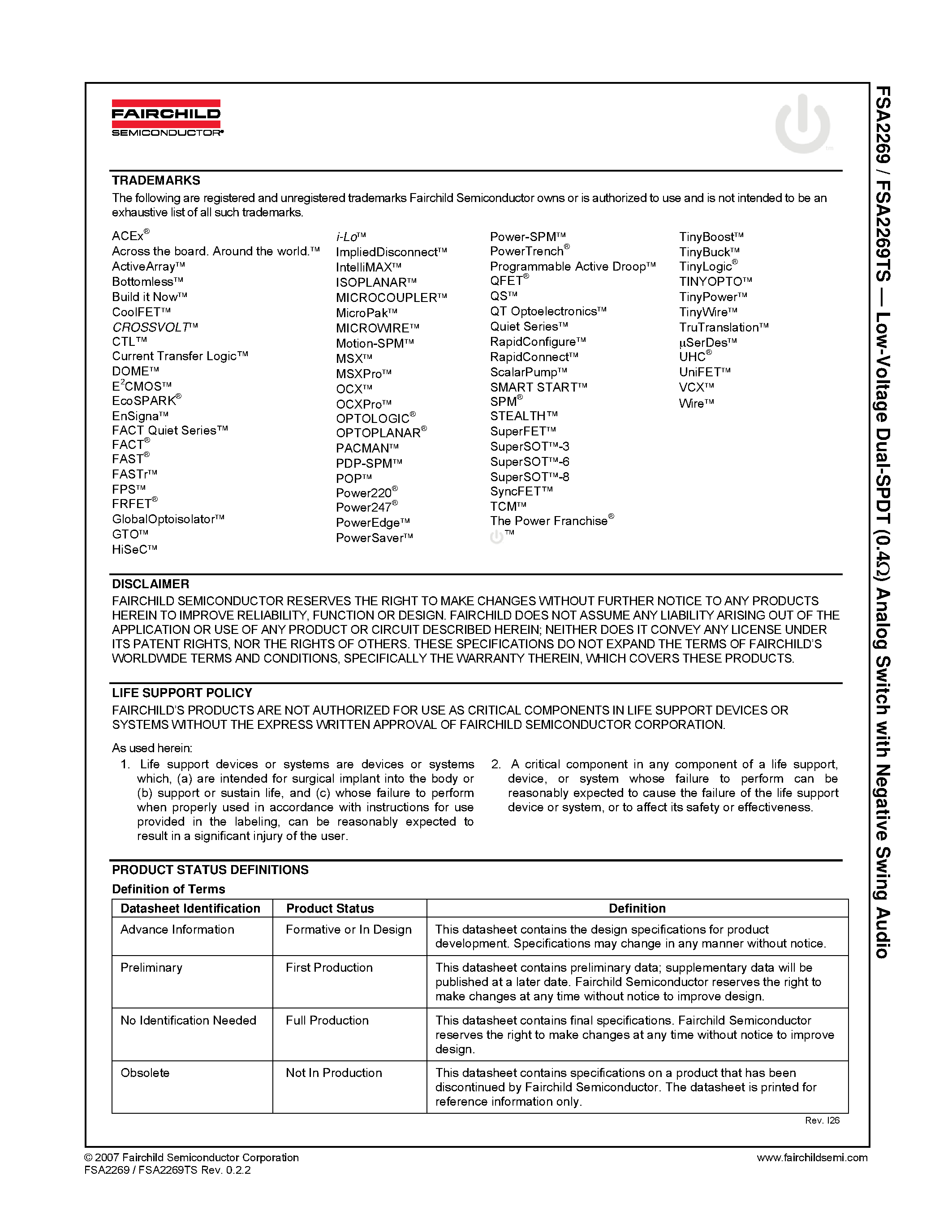 Datasheet FSA2269 page 2 Datasheet FSA2269 - Low-Voltage Dual-SPDT (0.4ohm) Analog Switch page 2