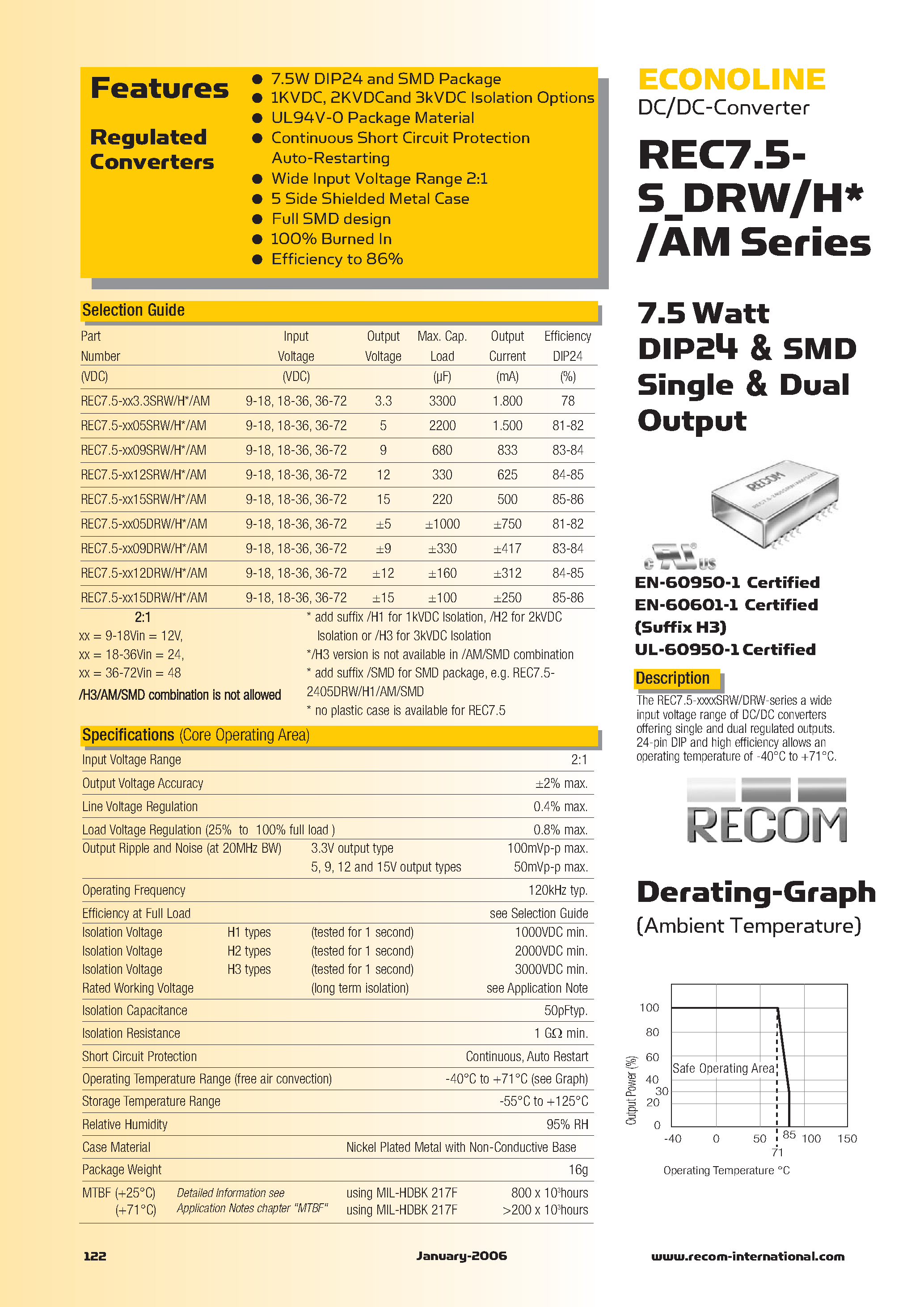 Datasheet REC7.5-xxxx - 7.5 Watt DIP24 & SMD Single & Dual Output page 1
