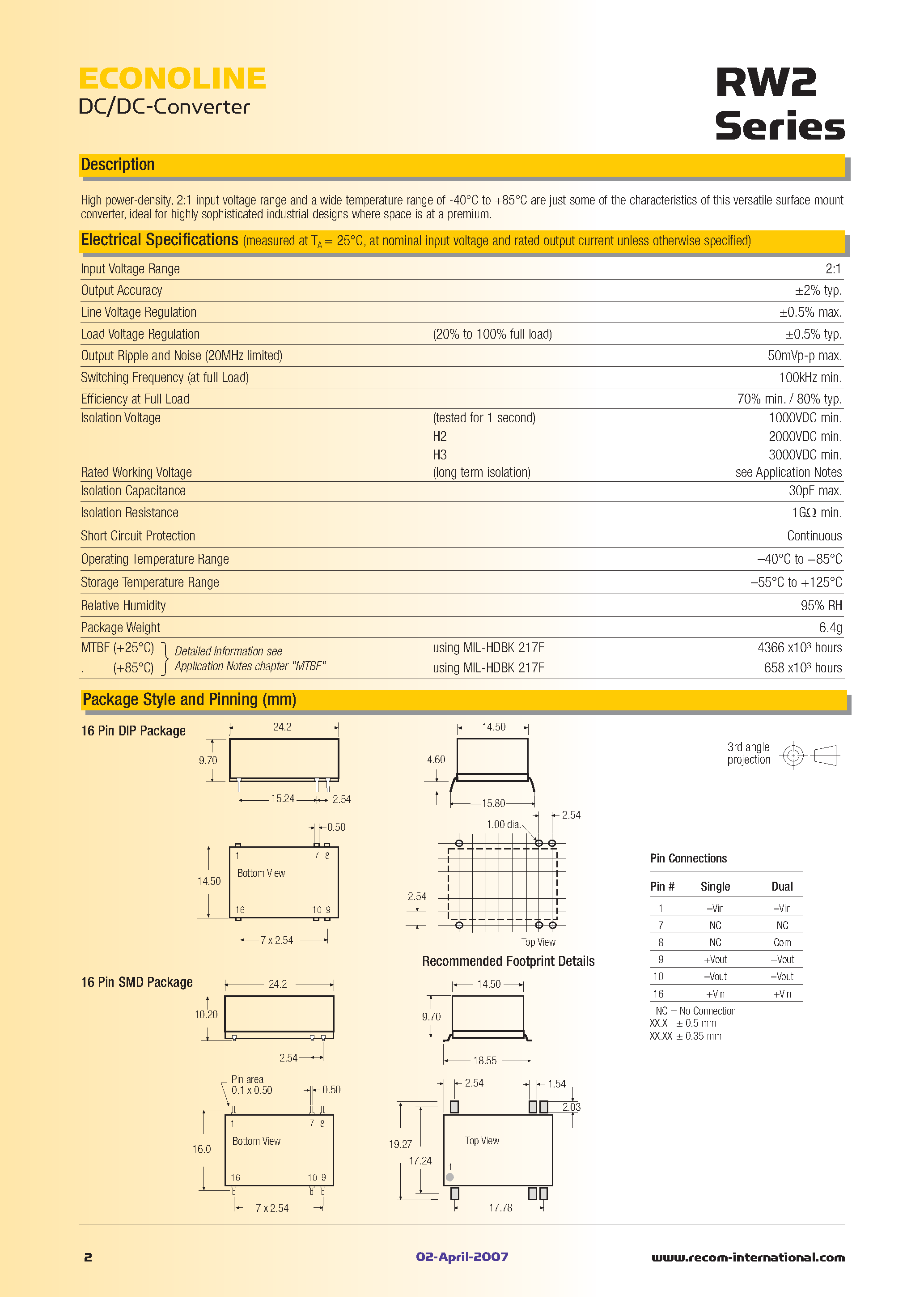 Datasheet RW2-xxx page 2 Datasheet RW2-xxx - 2 Watt DIP16 & SMD Single & Dual Output page 2