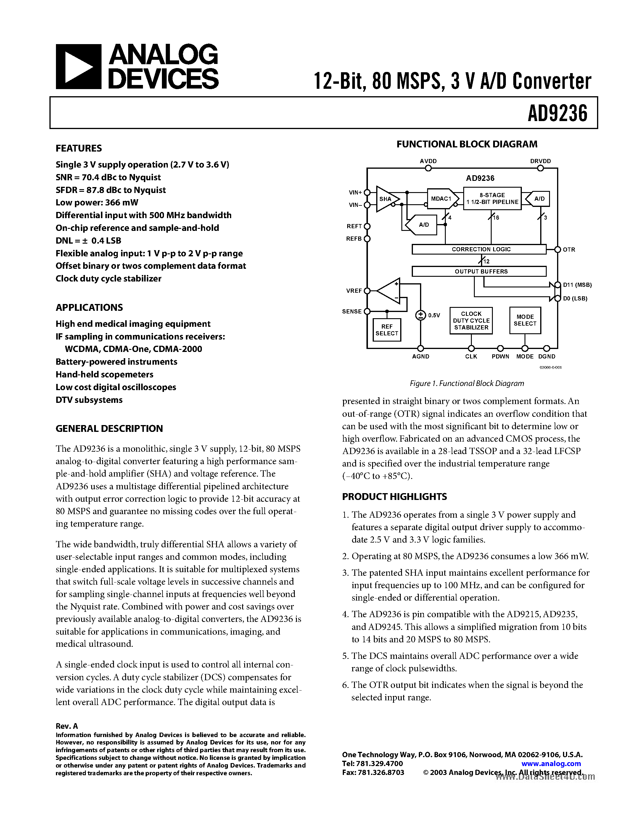 Datasheet AD9236 - A/D Converter page 1